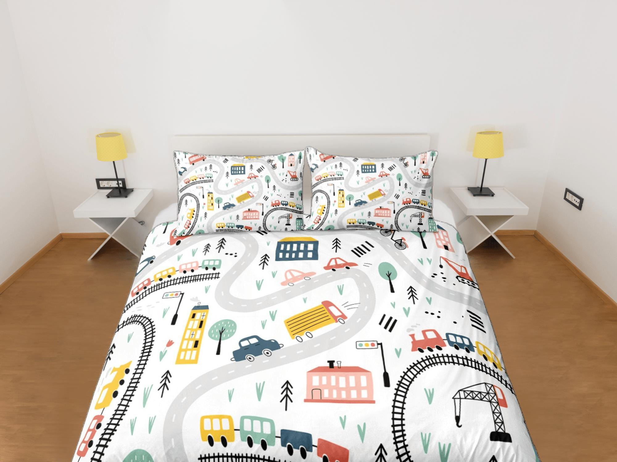 daintyduvet Cars Roads Train Rails Kids Duvet Cover Set Bedspread, Boys Bedding with Pillowcase
