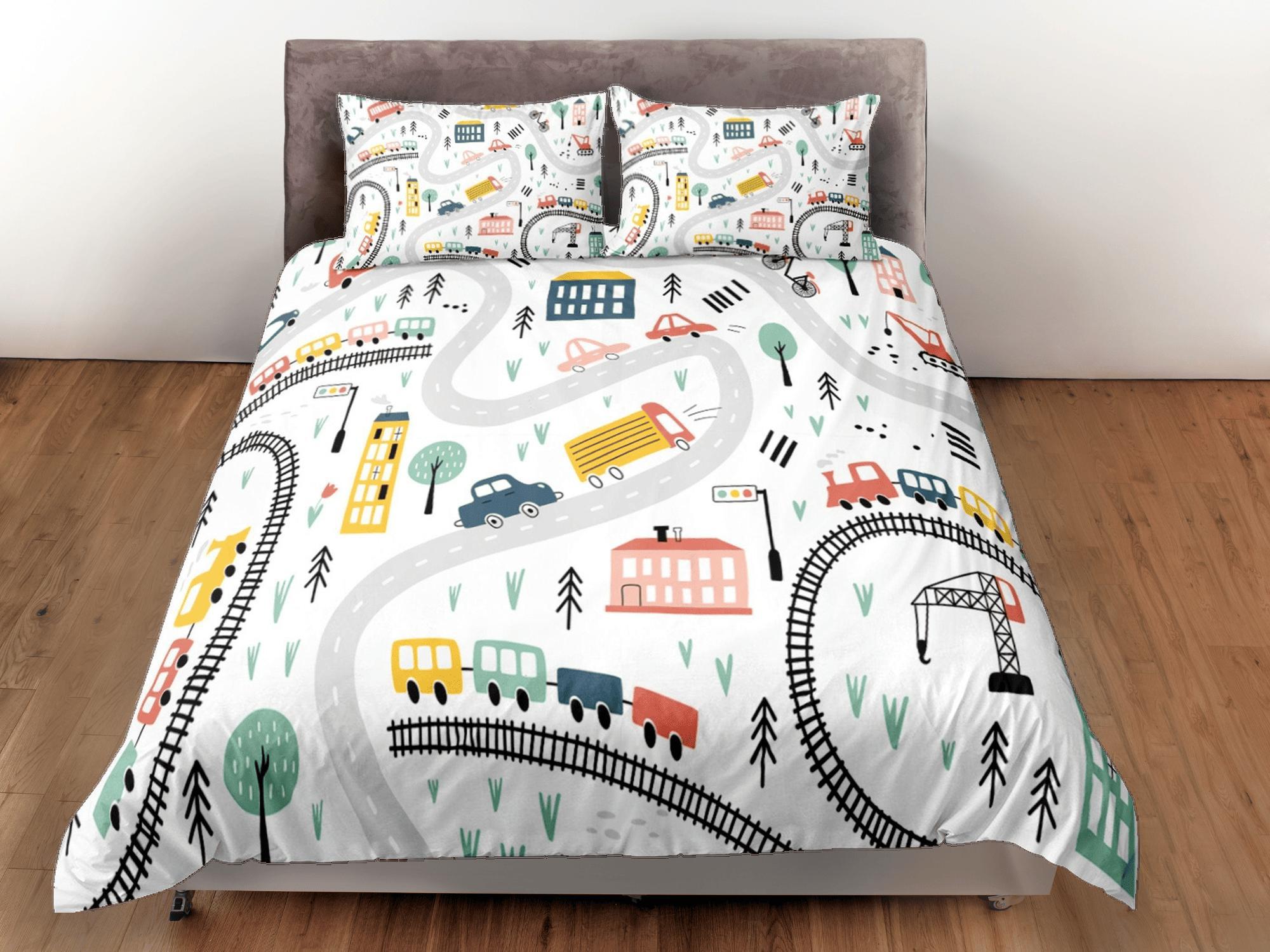 daintyduvet Cars Roads Train Rails Kids Duvet Cover Set Bedspread, Boys Bedding with Pillowcase