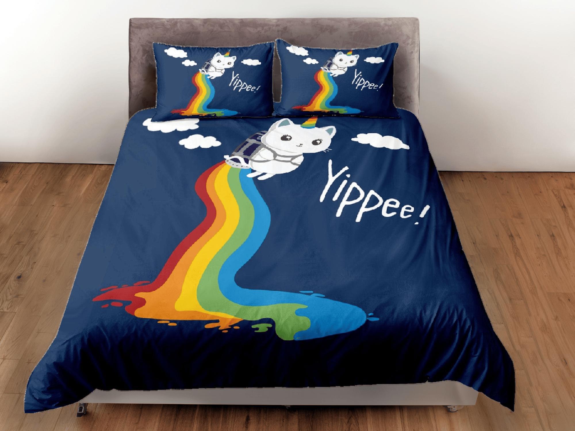 daintyduvet Cat Lover Duvet Cover Bedspread, Cute Cat in Rainbow Bedding for Teens Kids Bedroom