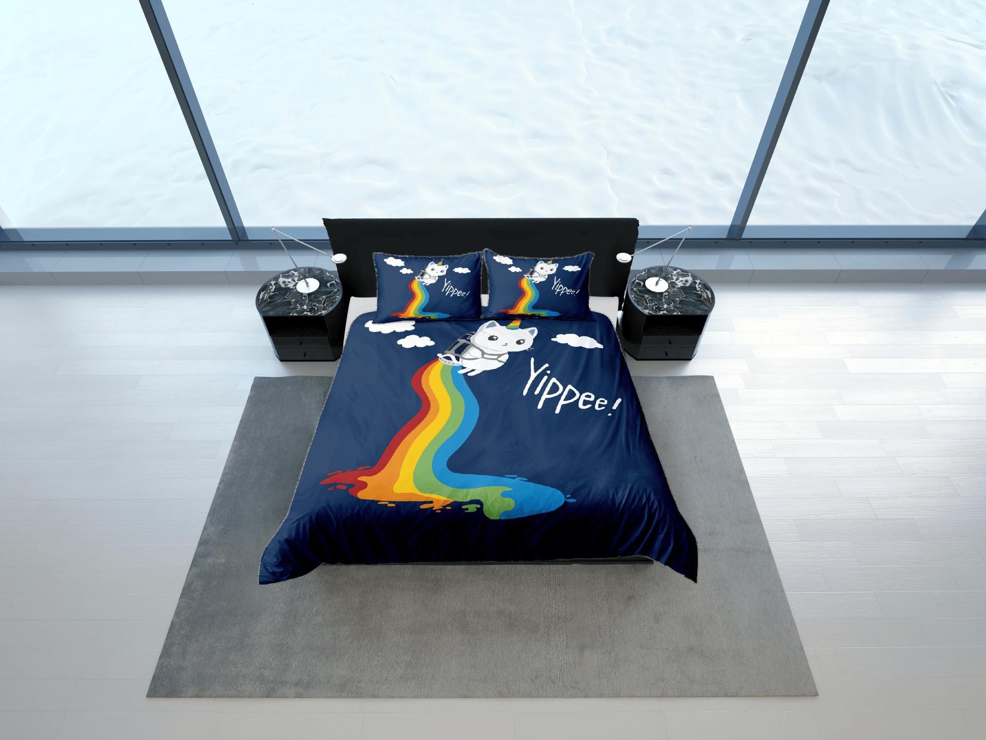 daintyduvet Cat Lover Duvet Cover Bedspread, Cute Cat in Rainbow Bedding for Teens Kids Bedroom