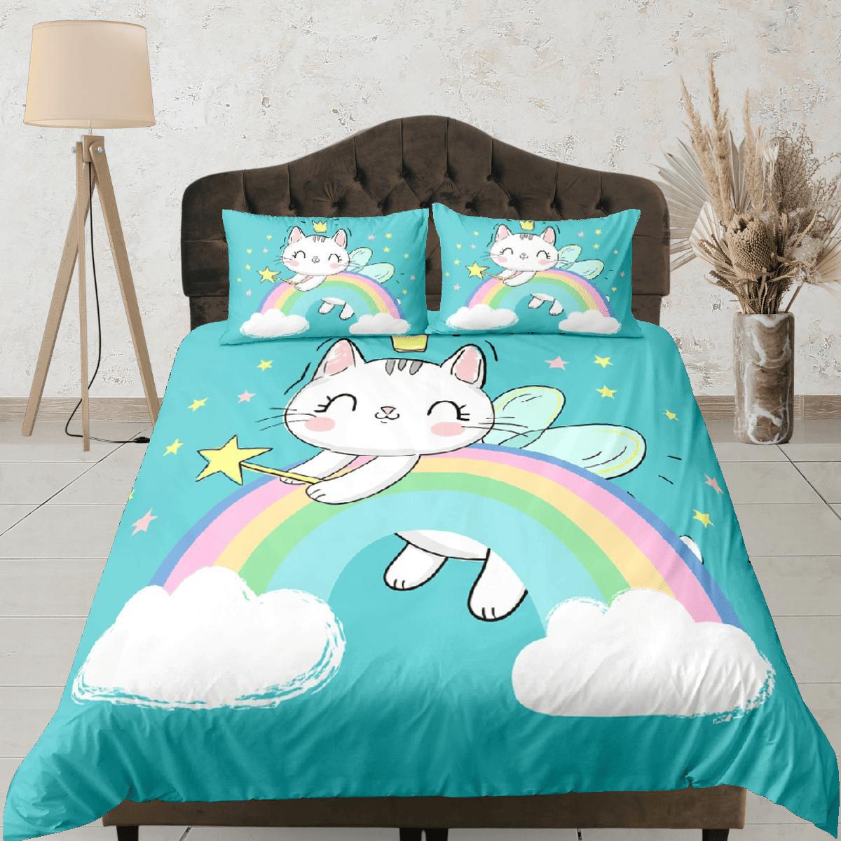 Cat Lover Duvet Cover Bedspread Cute Cat in Rainbow Bedding for Teens