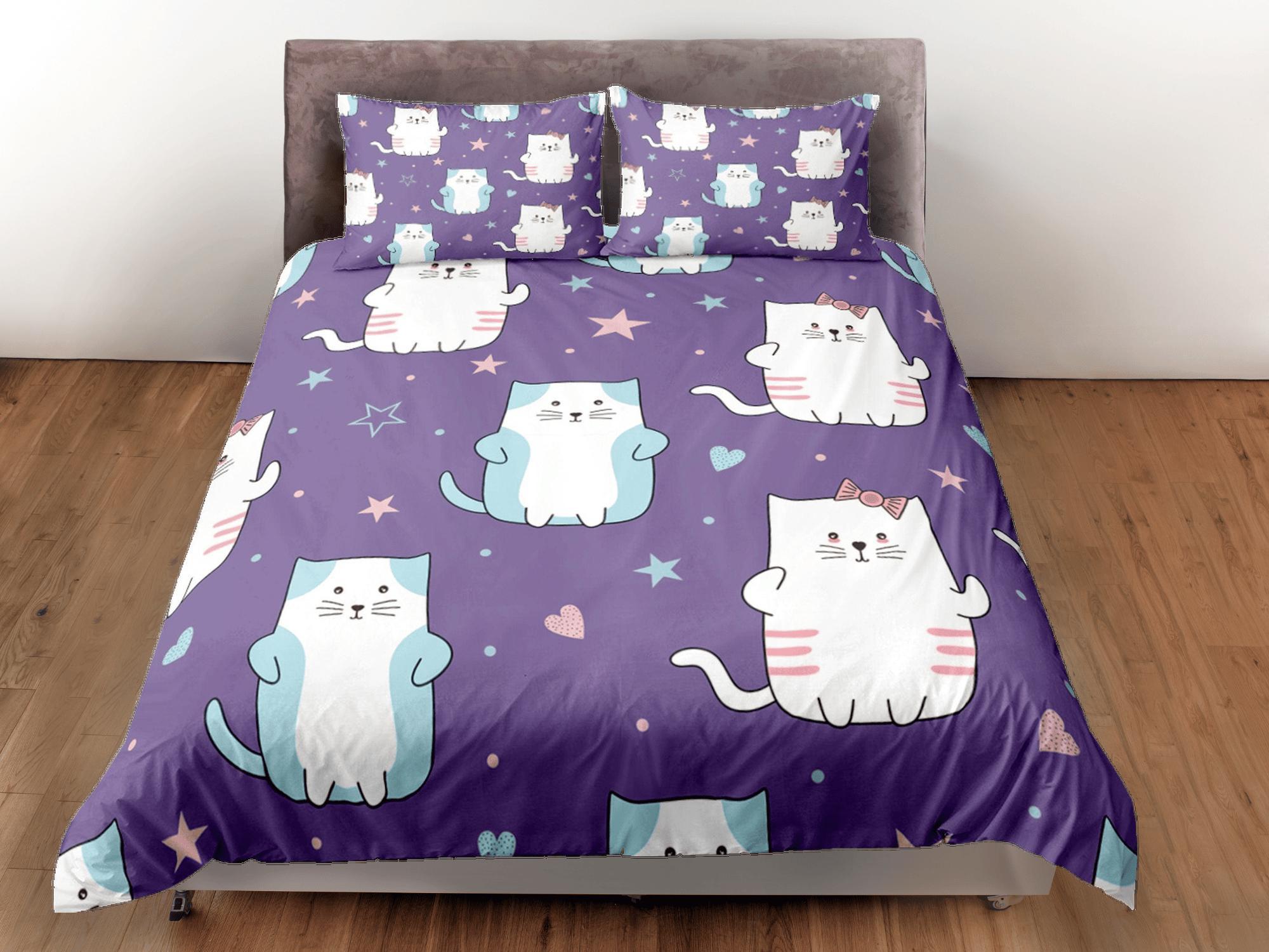 daintyduvet Cat Lover Duvet Cover Bedspread, Cute Cats Purple Bedding for Teens Kids Bedroom