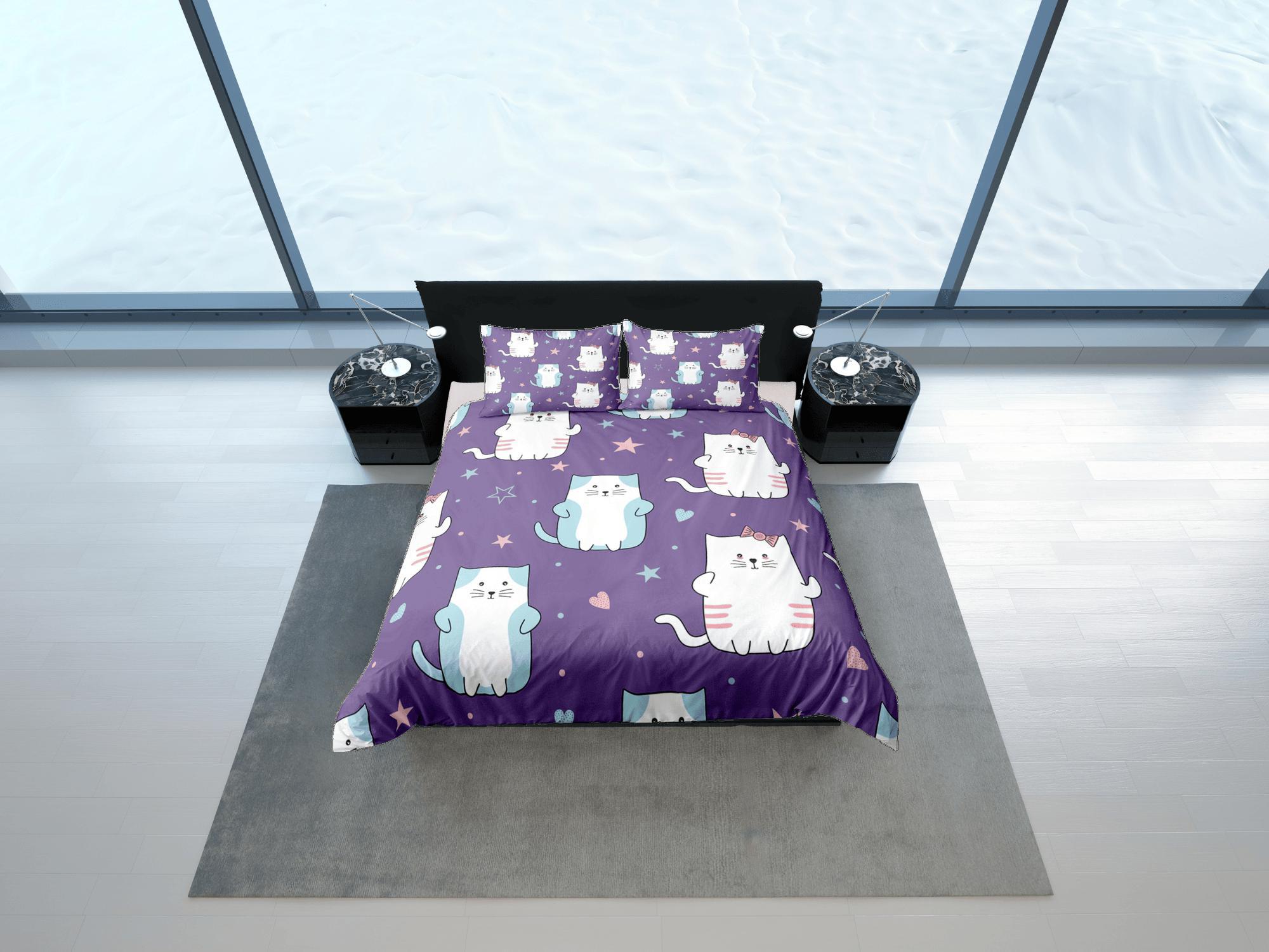 daintyduvet Cat Lover Duvet Cover Bedspread, Cute Cats Purple Bedding for Teens Kids Bedroom