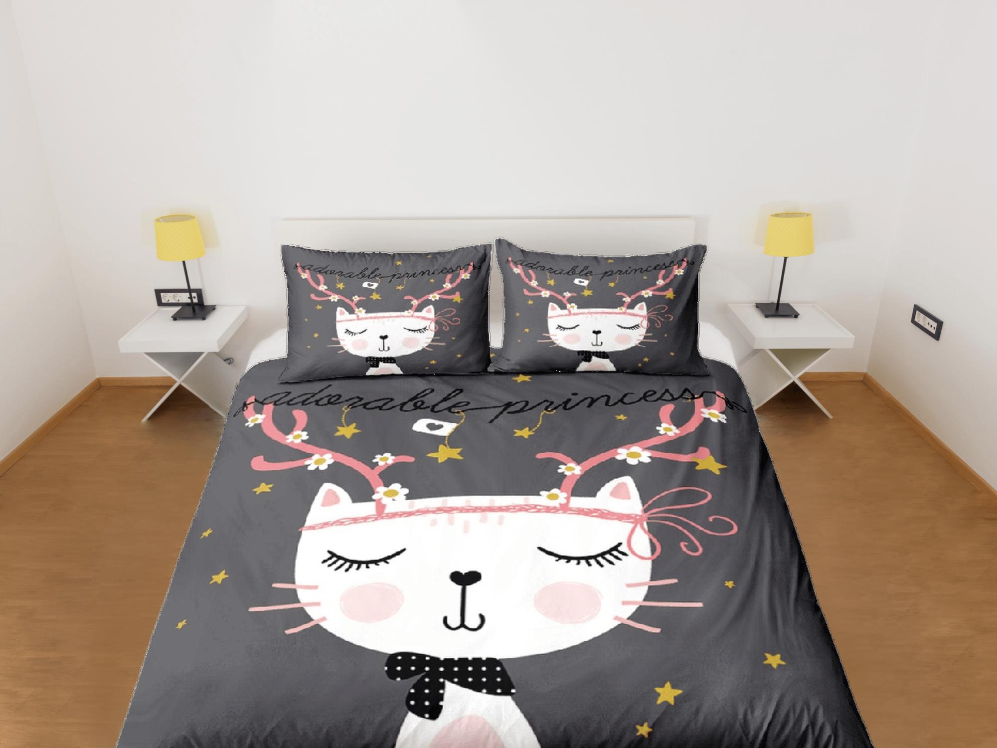 daintyduvet Cat Lover Duvet Cover Grey Bedspread Cute White Cat Bedding for Teens Kids Bedroom Comforter Cover