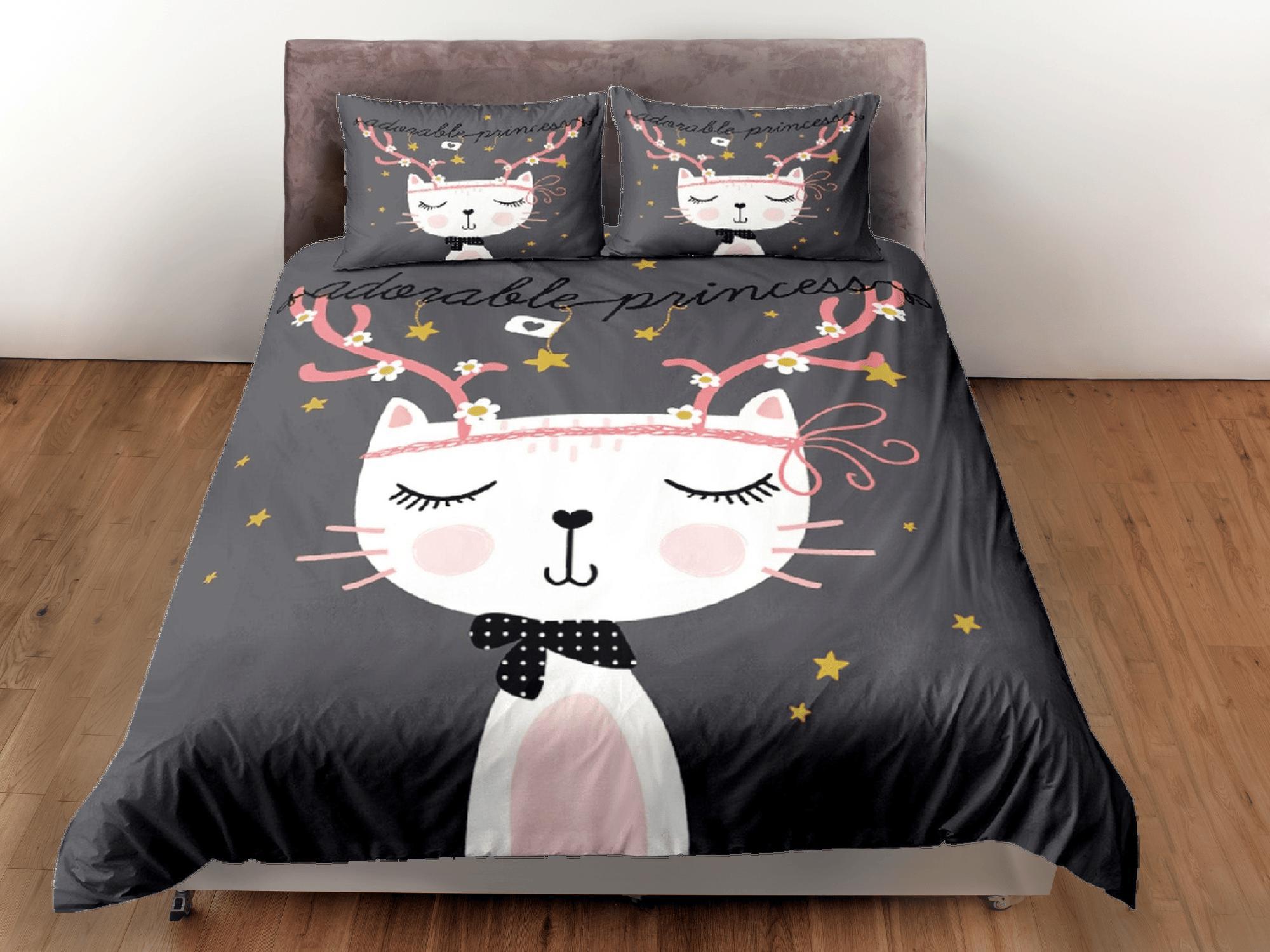 daintyduvet Cat Lover Duvet Cover Grey Bedspread Cute White Cat Bedding for Teens Kids Bedroom Comforter Cover