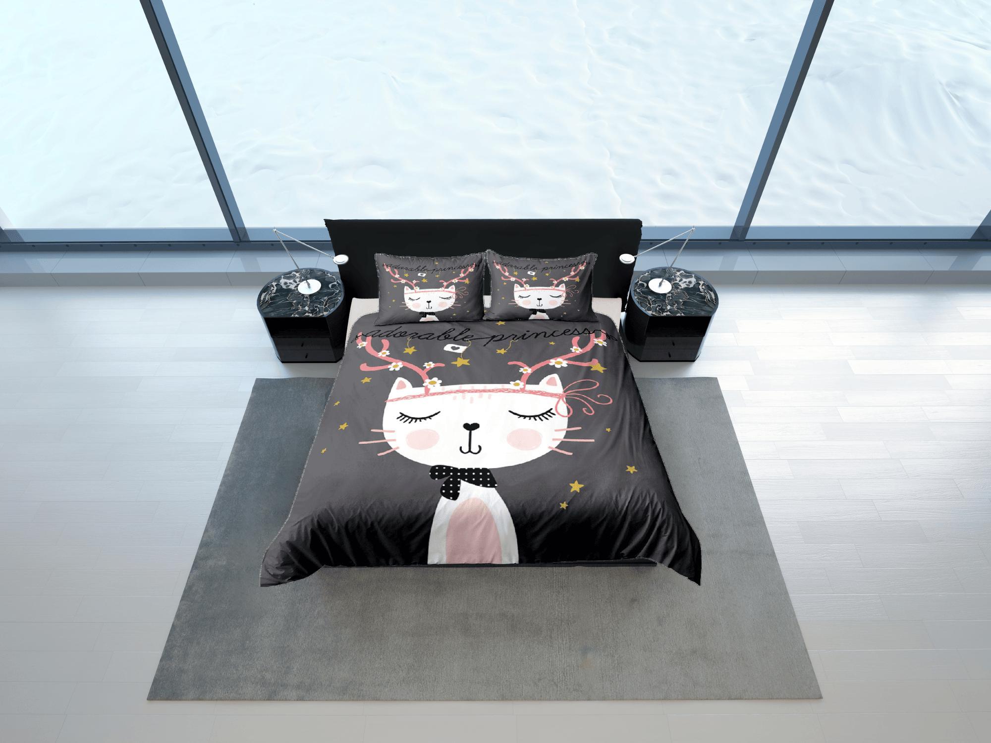 daintyduvet Cat Lover Duvet Cover Grey Bedspread Cute White Cat Bedding for Teens Kids Bedroom Comforter Cover