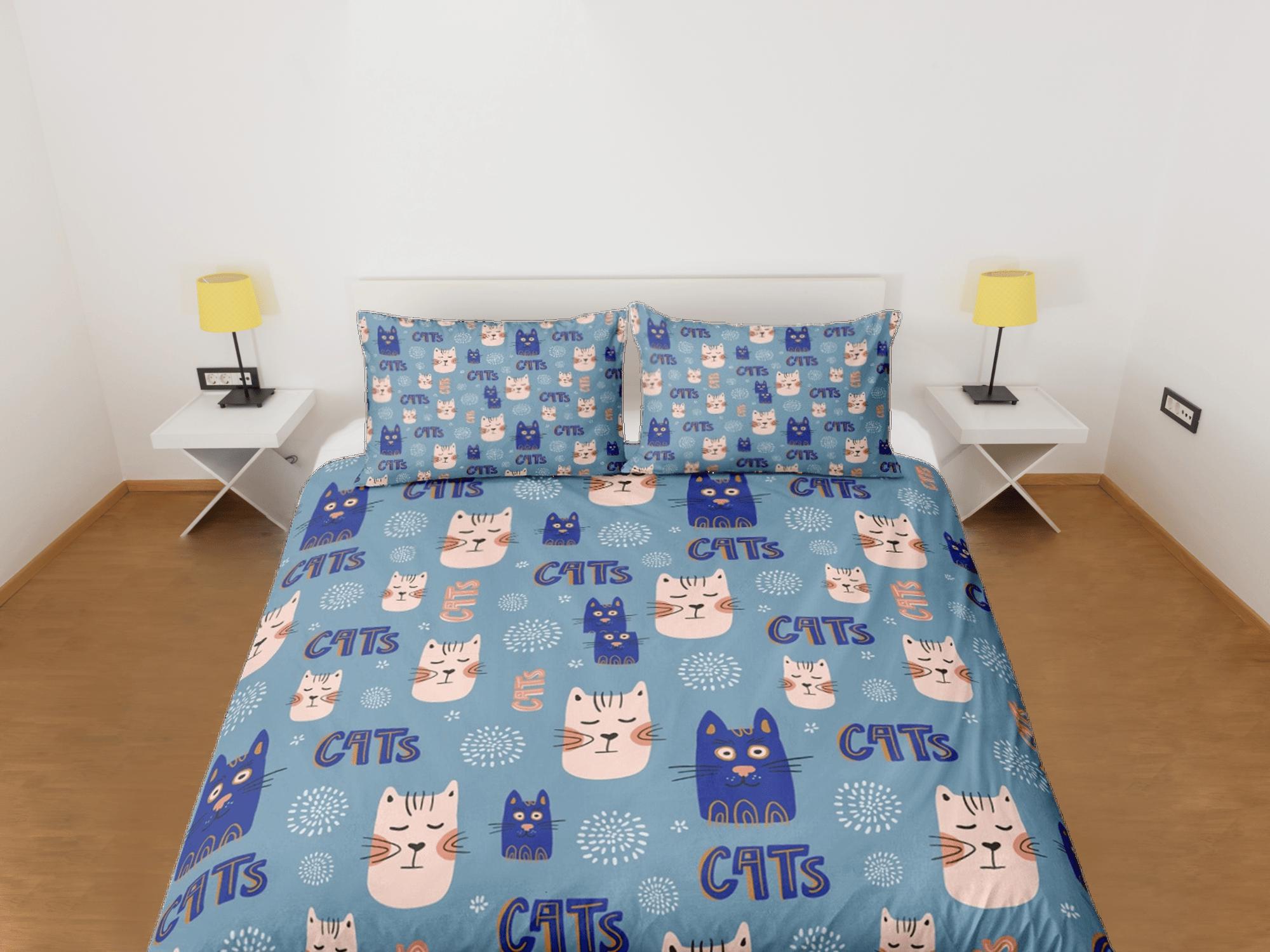 daintyduvet Cat Lover Duvet Cover Set Bedspread, Cute Cats Blue Bedding for Teens Kids Bedroom