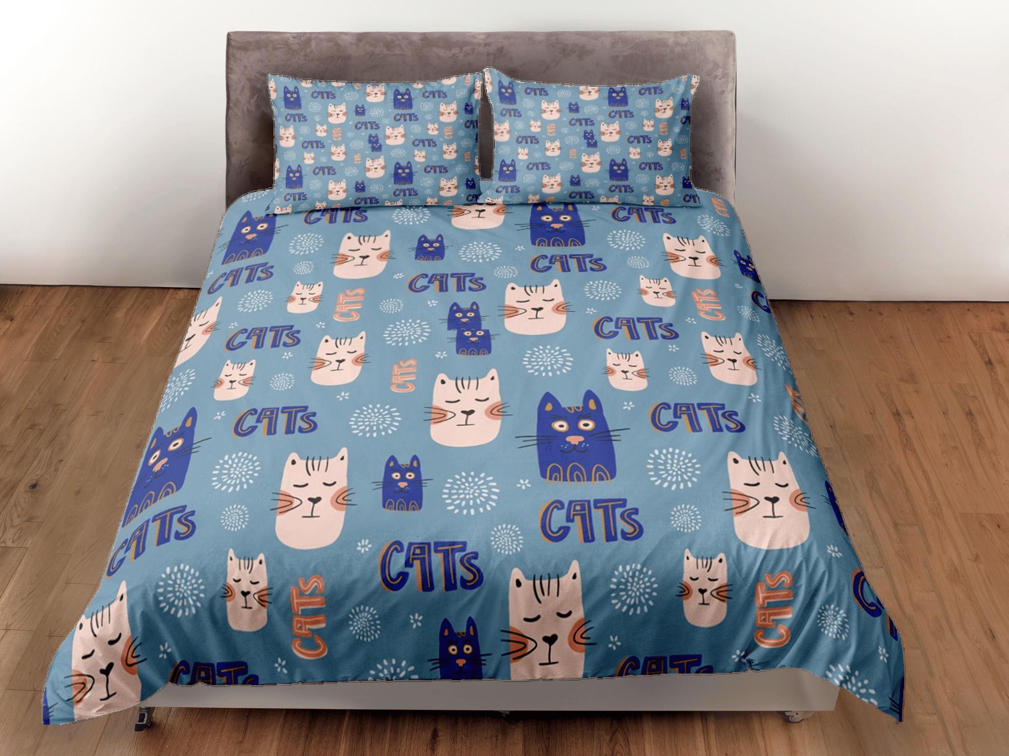 daintyduvet Cat Lover Duvet Cover Set Bedspread, Cute Cats Blue Bedding for Teens Kids Bedroom