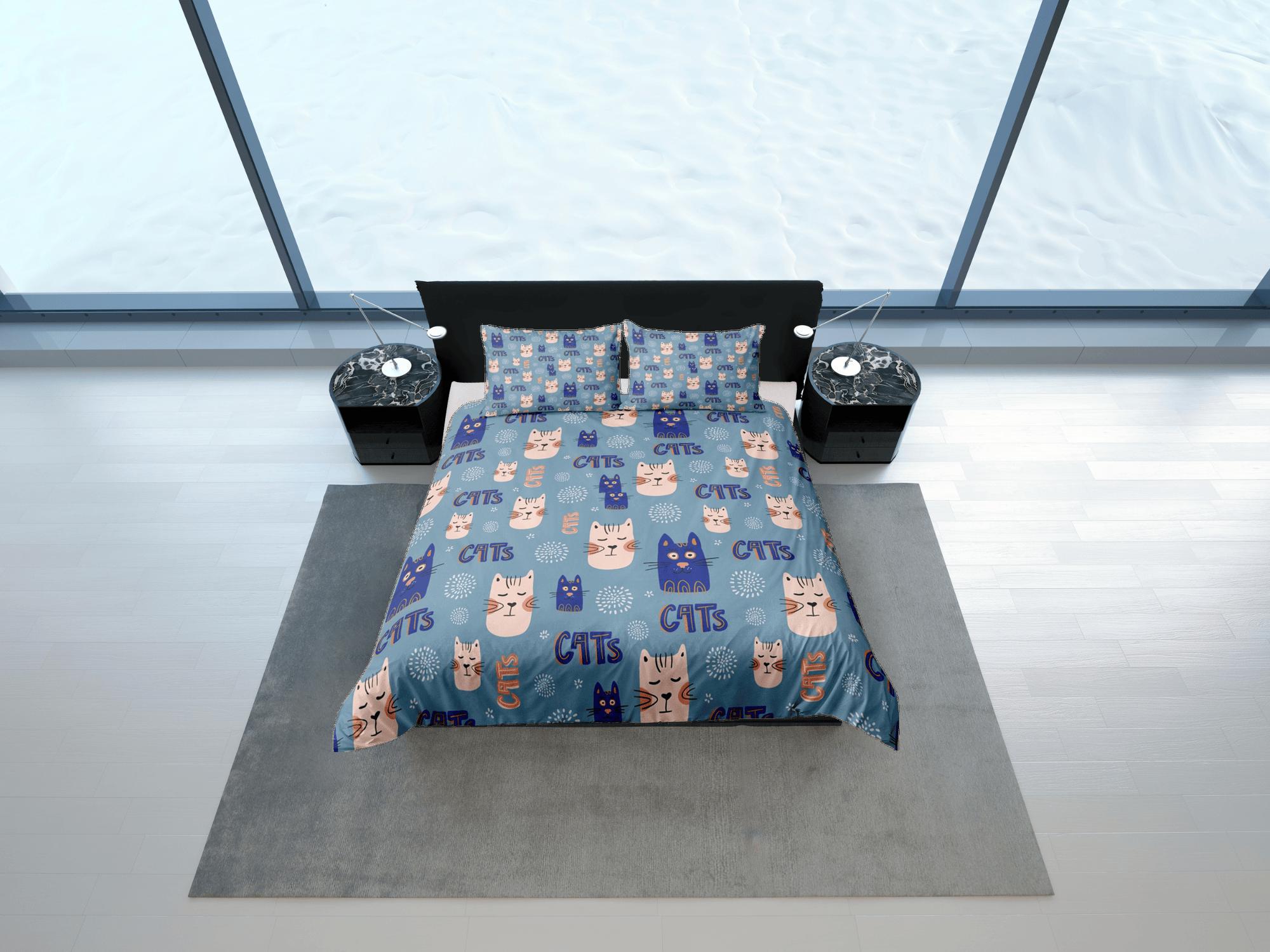 daintyduvet Cat Lover Duvet Cover Set Bedspread, Cute Cats Blue Bedding for Teens Kids Bedroom