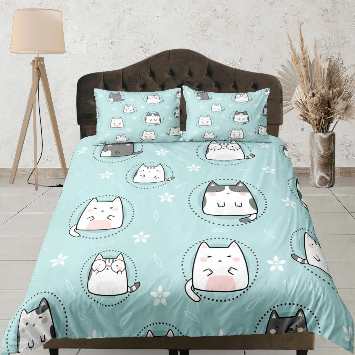 daintyduvet Cat Lover Duvet Cover Set Bedspread, Cute Cats Green Bedding for Teens Kids Bedroom