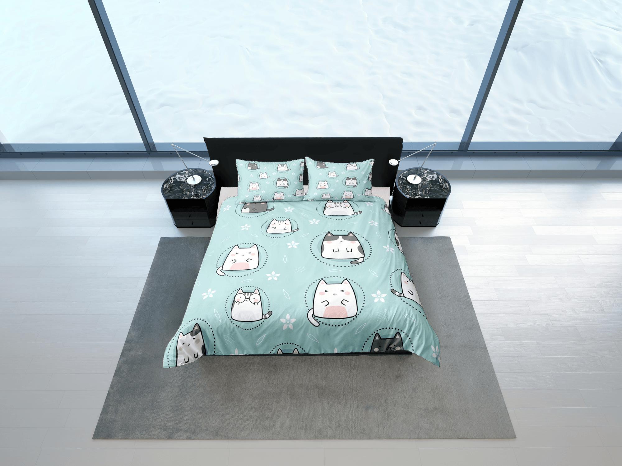 daintyduvet Cat Lover Duvet Cover Set Bedspread, Cute Cats Green Bedding for Teens Kids Bedroom