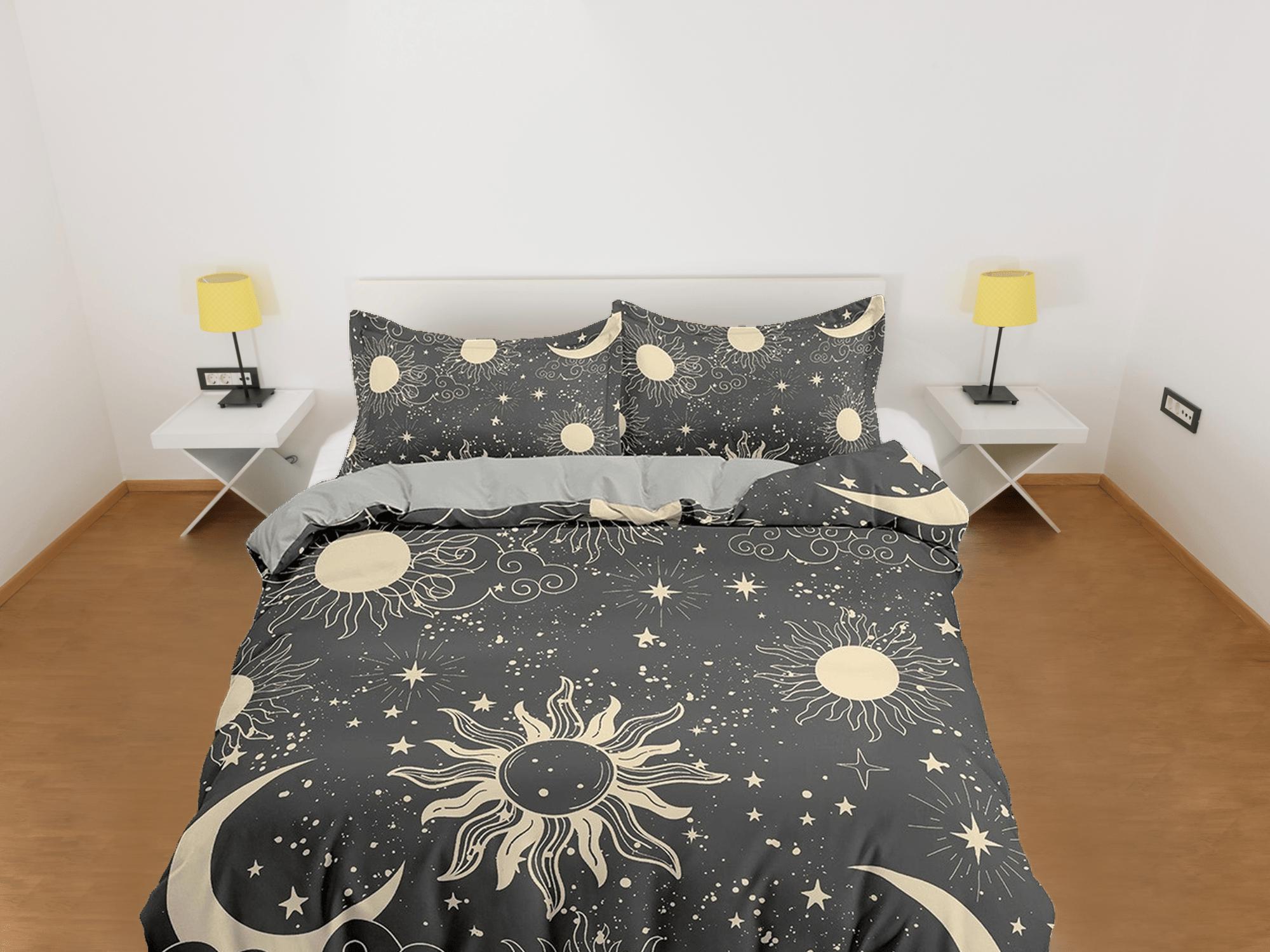 daintyduvet Celestial bedding black grey, witchy decor dorm bedding, aesthetic duvet, boho bedding set full king queen, astrology gifts, sun and moon