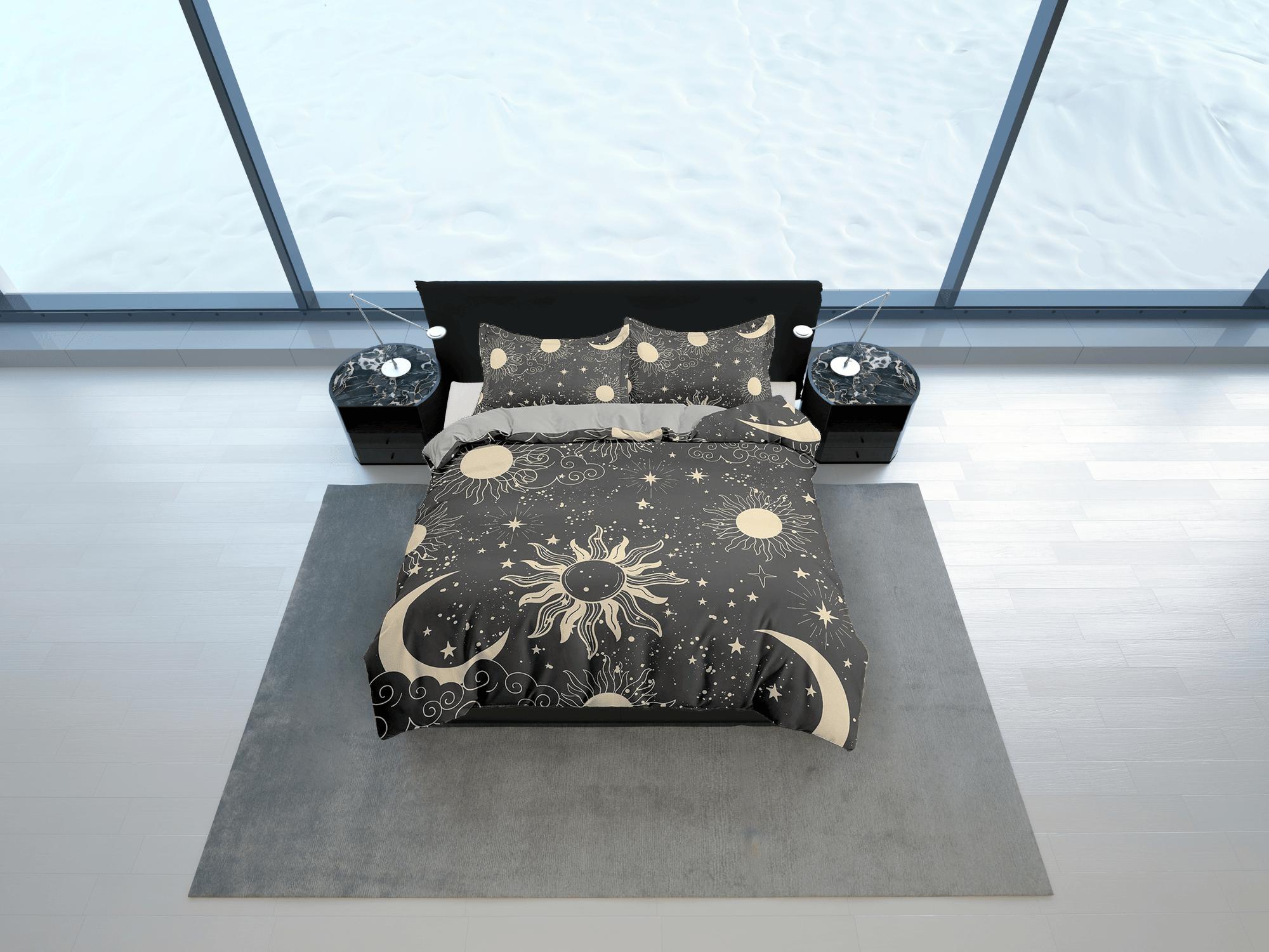 daintyduvet Celestial bedding black grey, witchy decor dorm bedding, aesthetic duvet, boho bedding set full king queen, astrology gifts, sun and moon