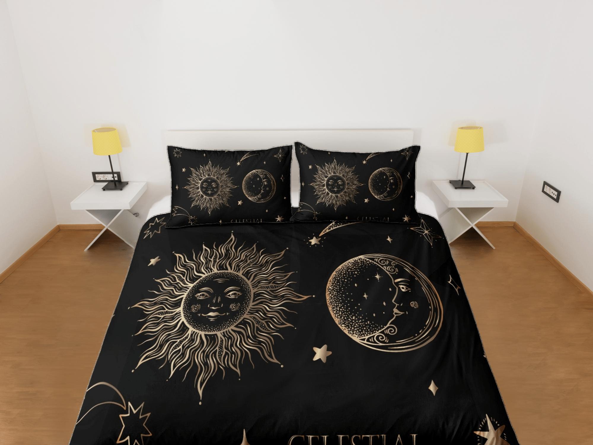 daintyduvet Celestial bedding black, sun and moon witchy decor dorm bedding, aesthetic duvet boho bedding set full king queen, astrology gift gothic art