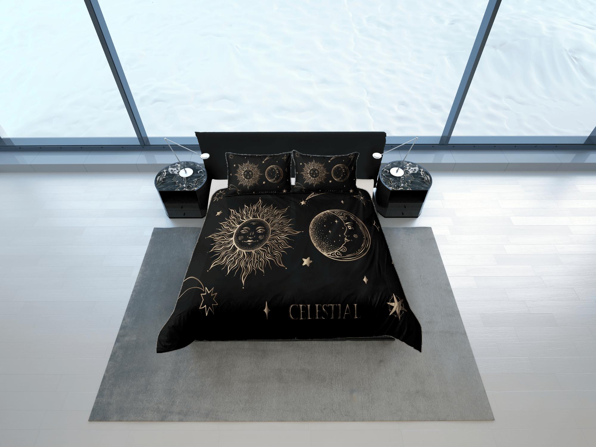 daintyduvet Celestial bedding black, sun and moon witchy decor dorm bedding, aesthetic duvet boho bedding set full king queen, astrology gift gothic art