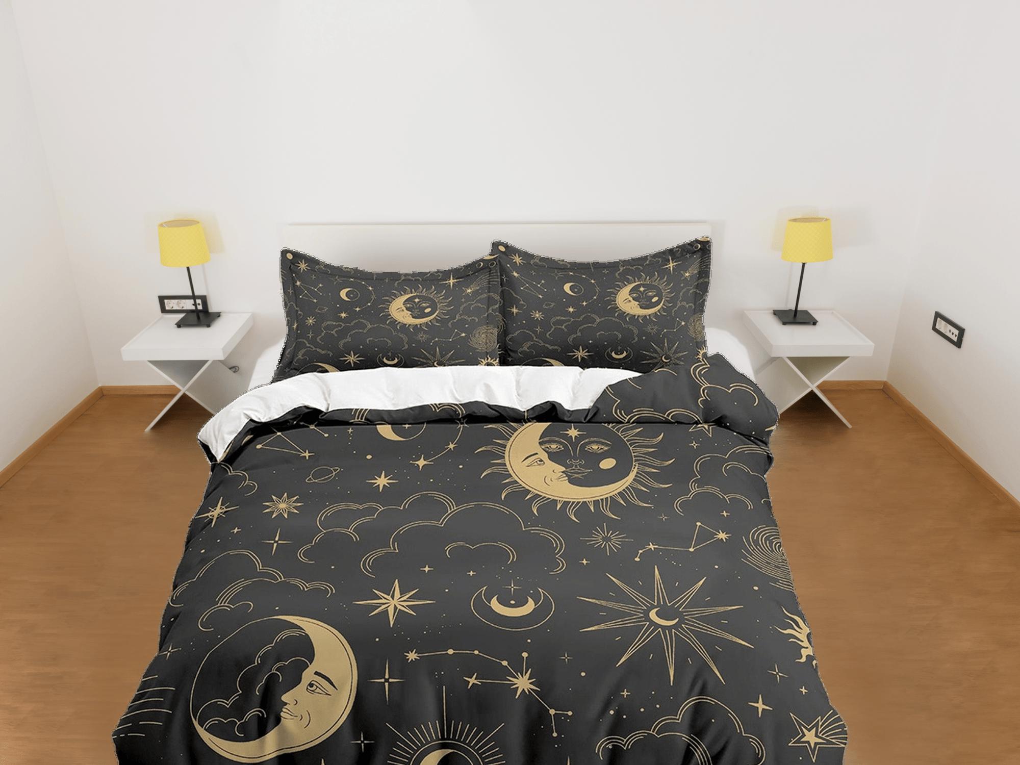 daintyduvet Celestial black crescent moon bedding bronze witchy decor dorm bedding, aesthetic duvet, boho bedding full king queen, astrology gift gothic