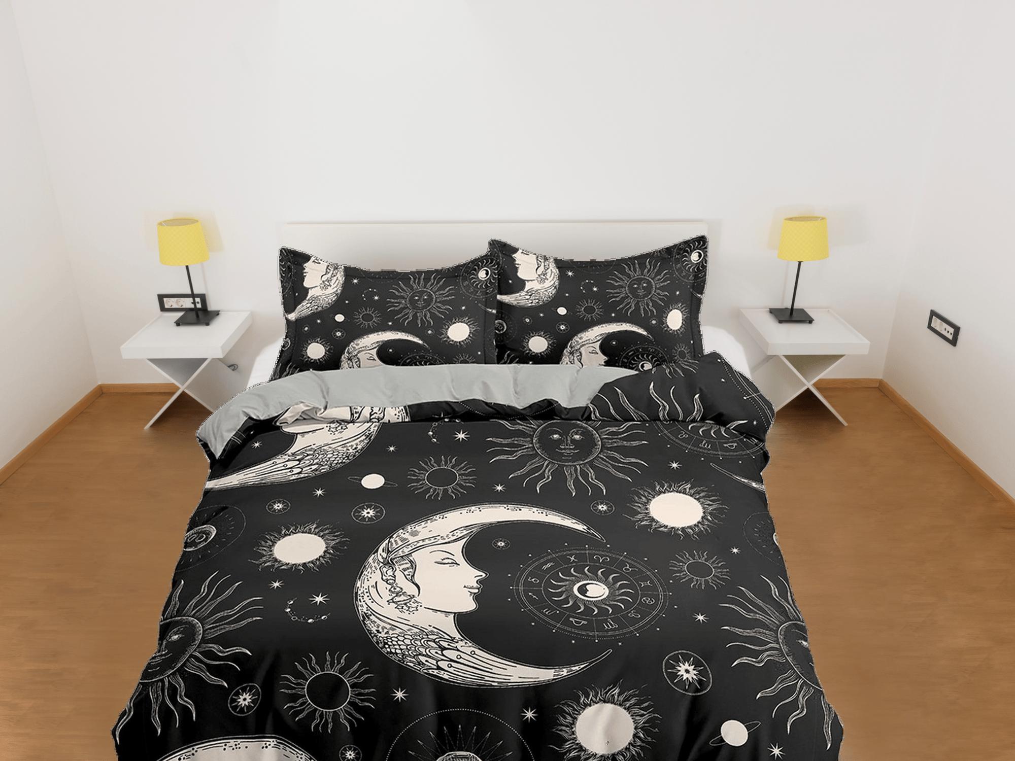 daintyduvet Celestial black crescent moon bedding, witchy decor dorm bedding, aesthetic duvet, boho bedding set full king queen, astrology gift gothic