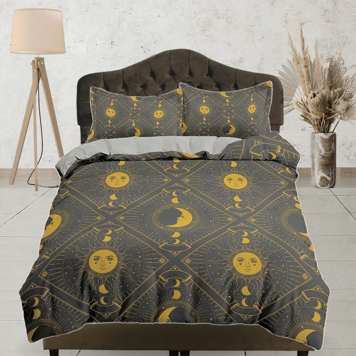 daintyduvet Celestial sun and moon grey bedding, witchy decor dorm bedding, aesthetic duvet, boho bedding set full king queen, astrology gothic decor