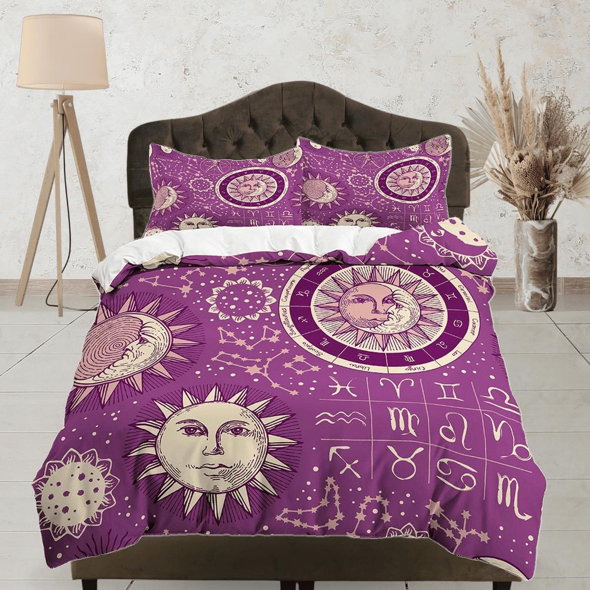 daintyduvet Celestial violet bedding, witchy decor dorm bedding, aesthetic duvet, boho bedding set full king queen, astrology gift, gothic art horoscope
