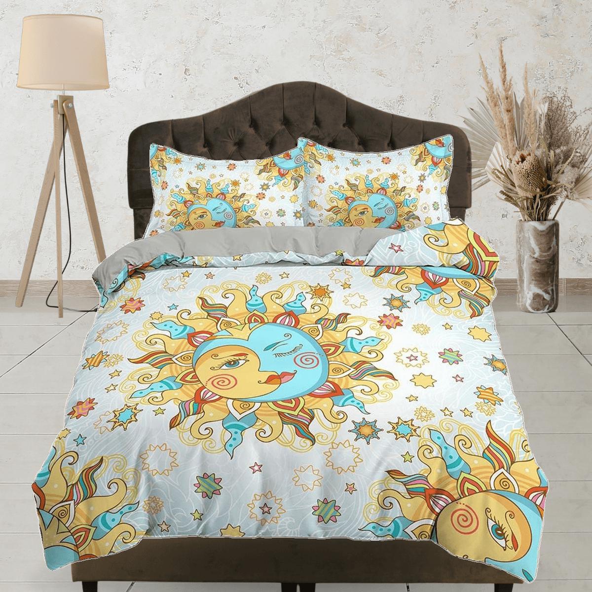 daintyduvet Celestial white bedding sun and moon, witchy decor dorm bedding aesthetic duvet, boho bedding set full king queen, astrology gift gothic art