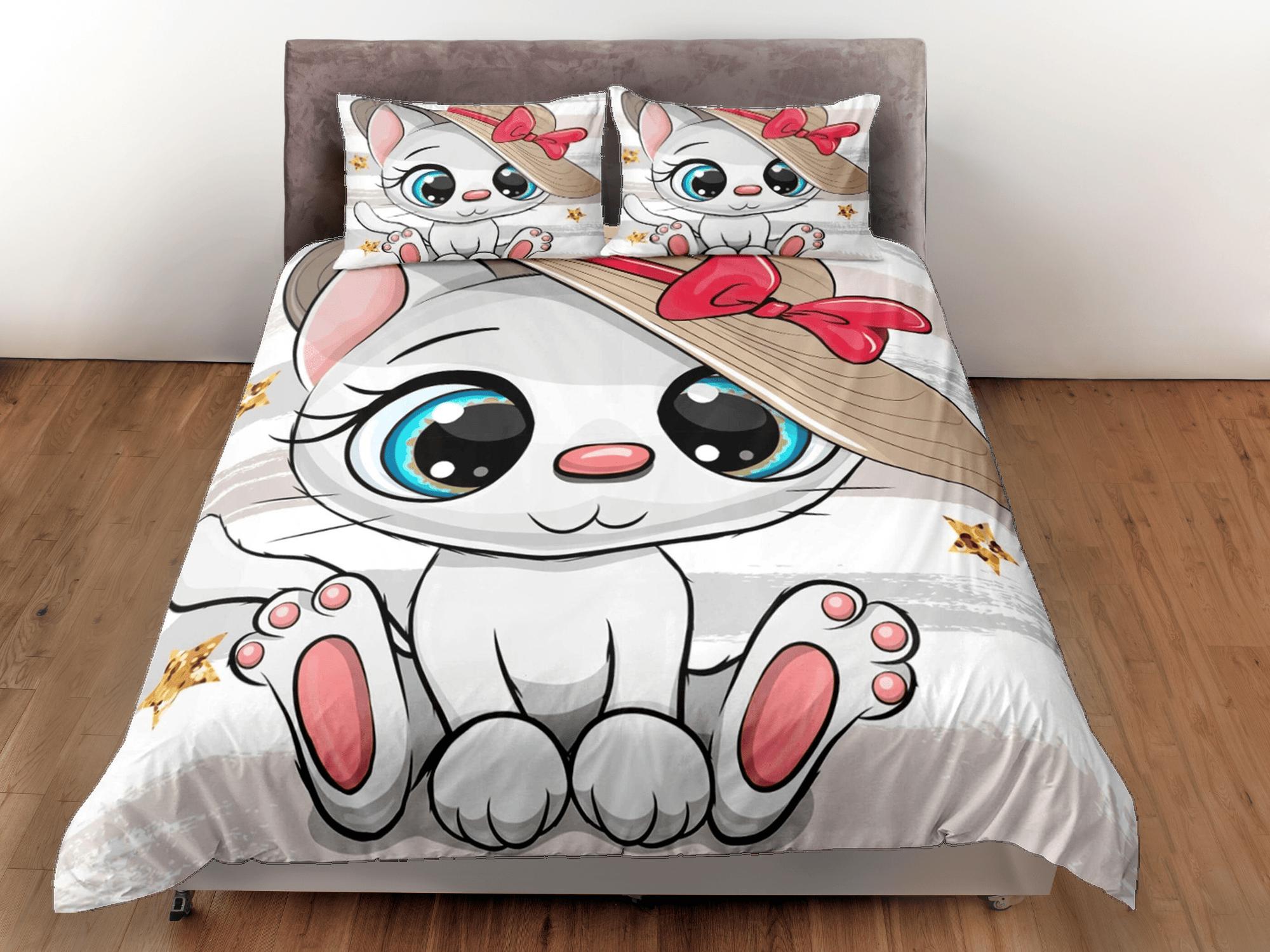 daintyduvet Charming white cat bedding, toddler bedding, kids duvet cover set, gift for cat lovers, baby bedding, baby shower gift, cute bedding