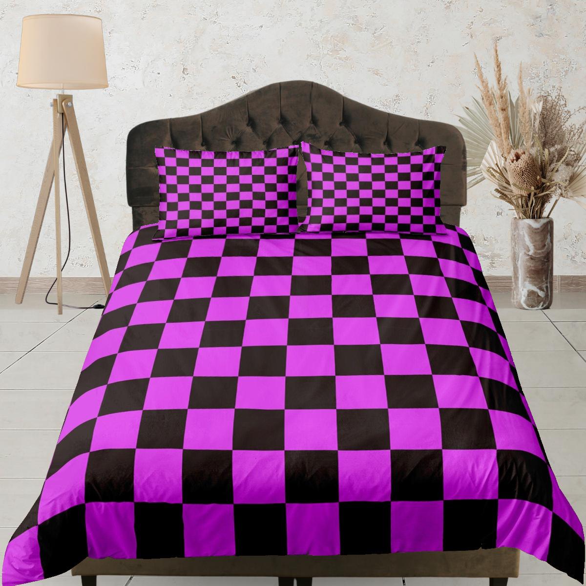 daintyduvet Checkered Fabric Hot Pink Duvet Cover Colorful Dorm Bedding Set Full Check Comforter Cover