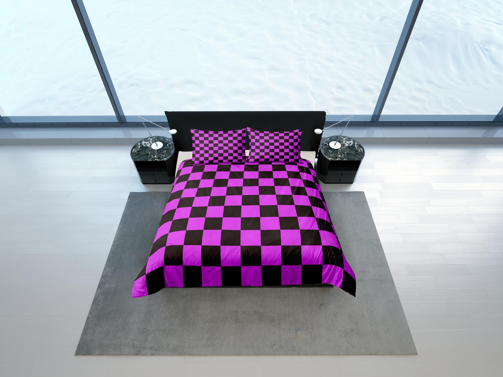 daintyduvet Checkered Fabric Hot Pink Duvet Cover Colorful Dorm Bedding Set Full Check Comforter Cover
