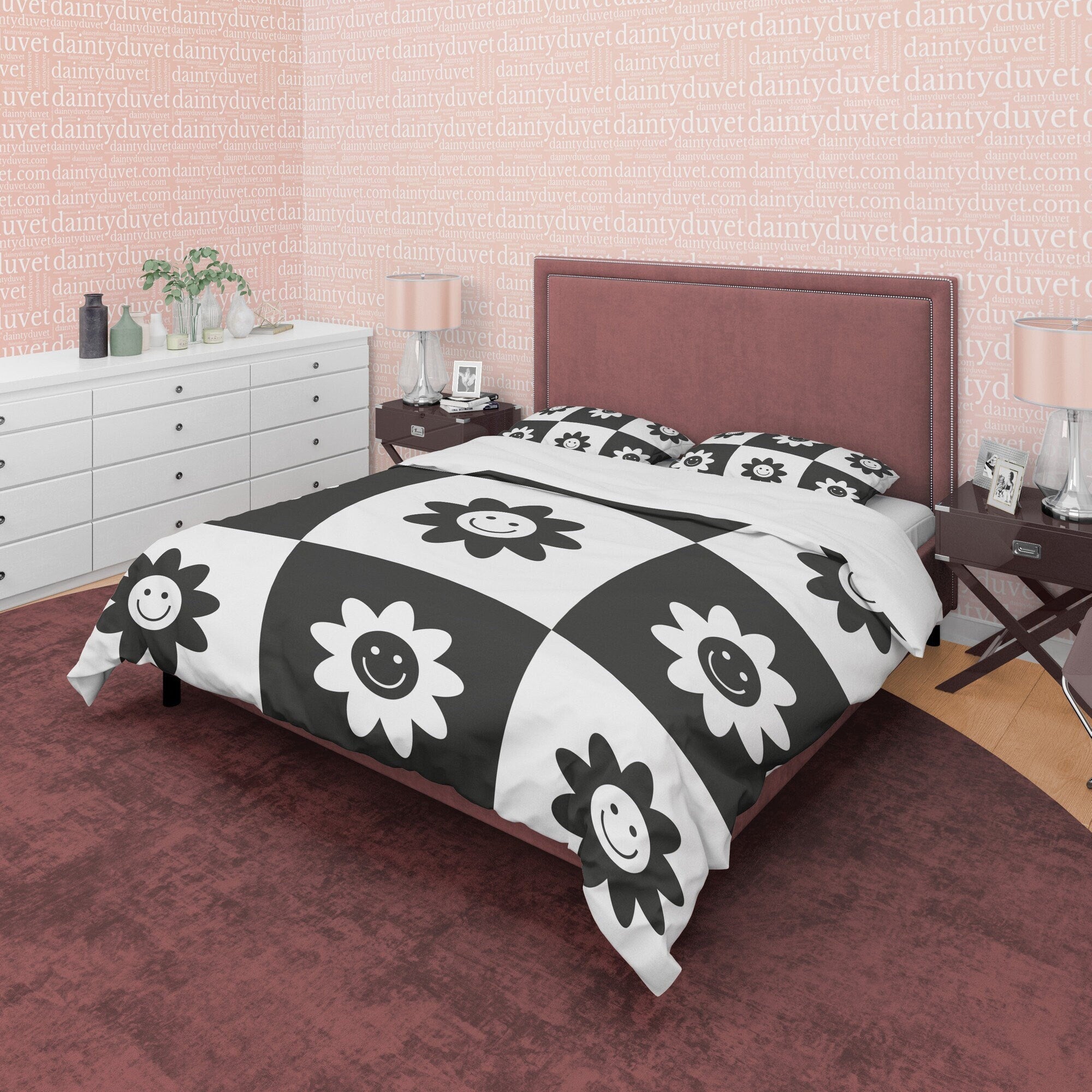 Checkered Quilt Cover Black and White Duvet Cover Set, Retro Smily Flower Printed Bedding Set, 90s Nostalgia Blanket Cover, Groovy Bedspread