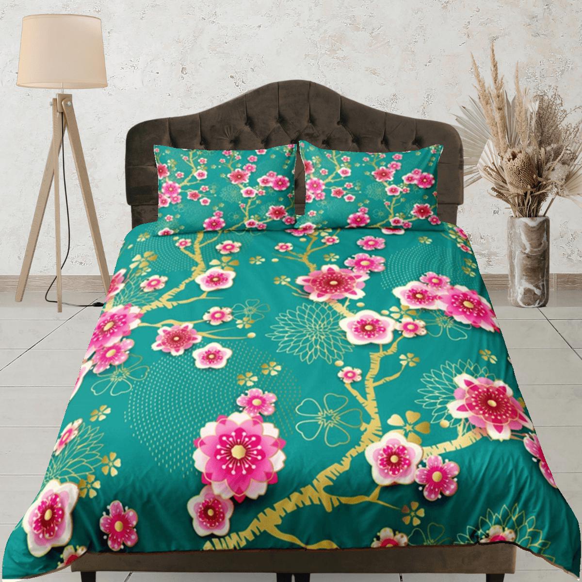 daintyduvet Cherry Blossom Green Duvet Cover Set, Floral Bedspread Dorm Bedding Set