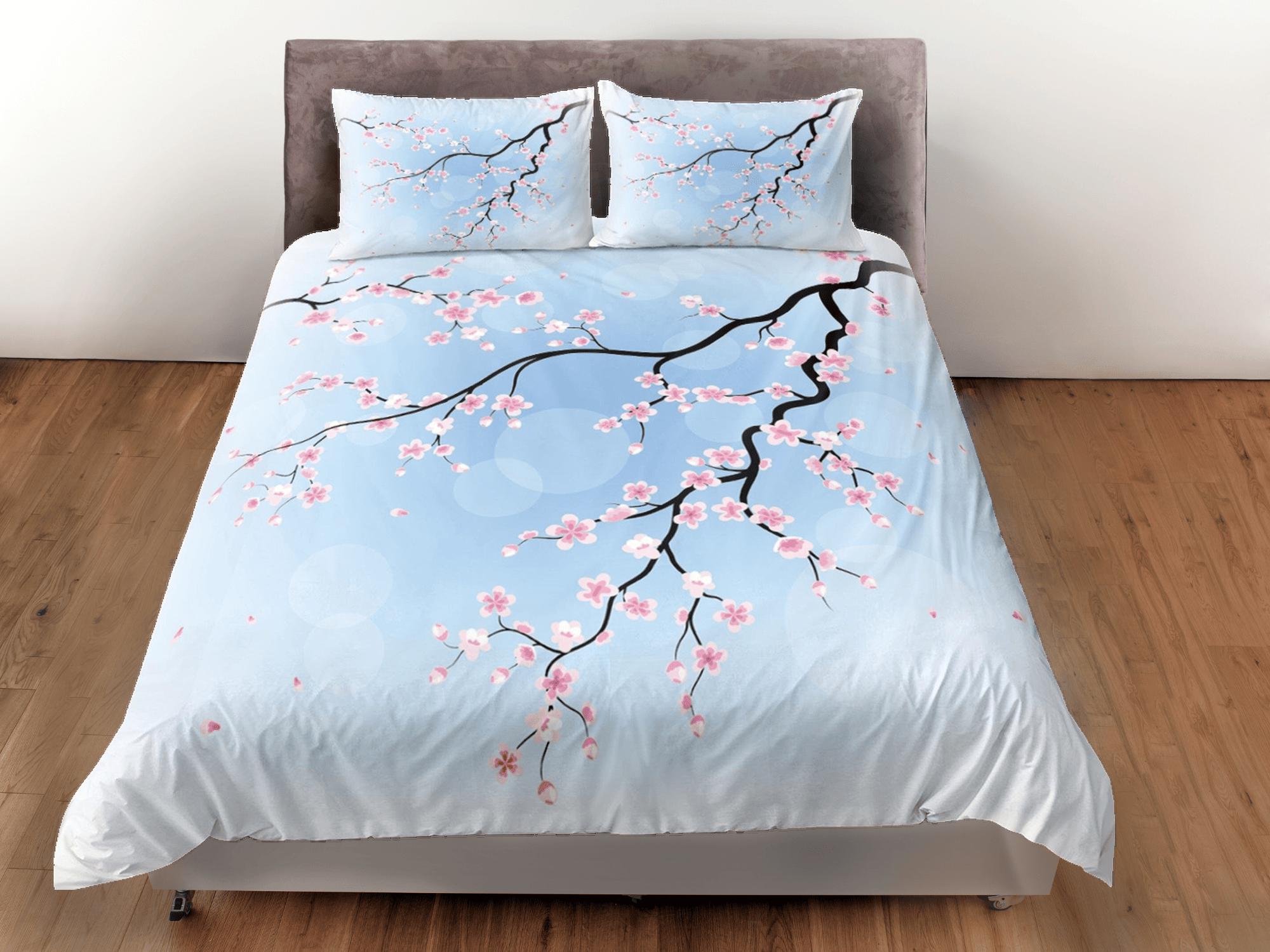 daintyduvet Cherry blossom light blue bedding floral prints duvet cover queen, king, boho bedding designer bedspread full size bedding aesthetic