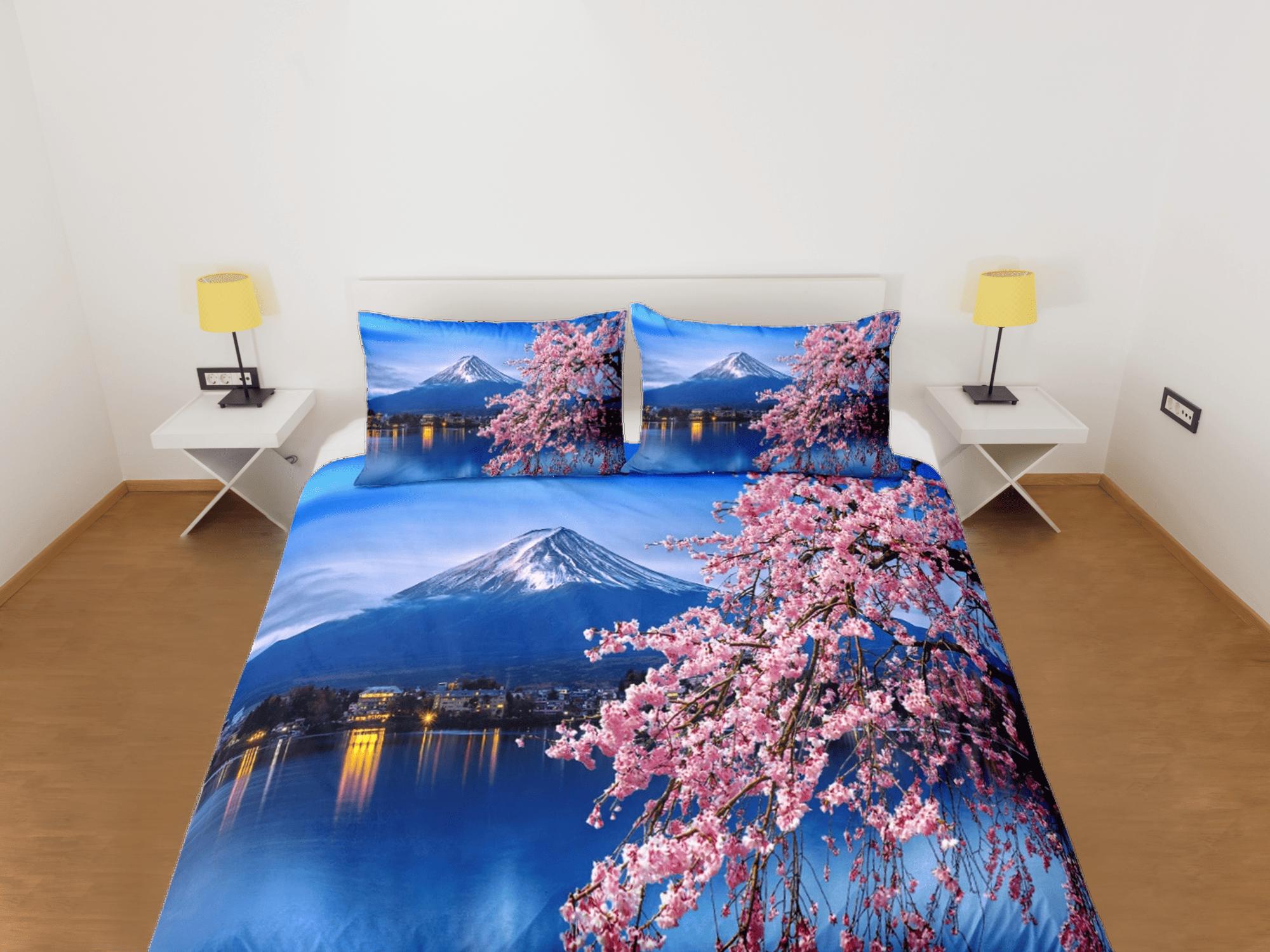 daintyduvet Cherry blossoms and mt. fuji printed bedding, japanese duvet cover set for king, queen, full, twin, single, toddler, zipper bedding