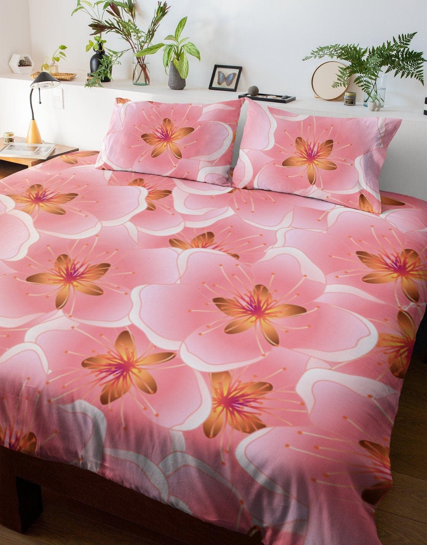 daintyduvet Cherry Blossoms Pink Duvet Cover Set | Floral Bedding Set with Pillow Cover Case