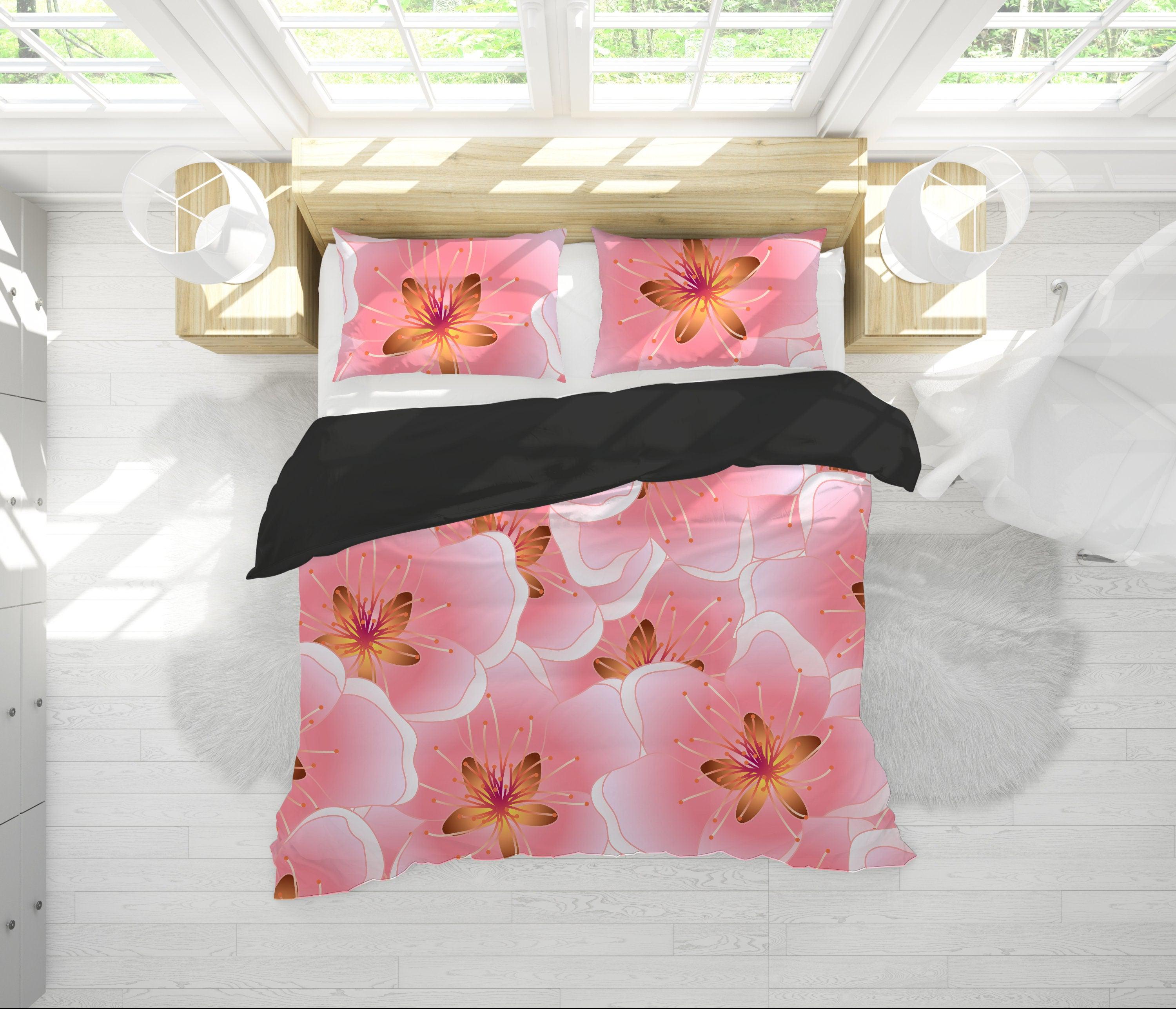 daintyduvet Cherry Blossoms Pink Duvet Cover Set | Floral Bedding Set with Pillow Cover Case