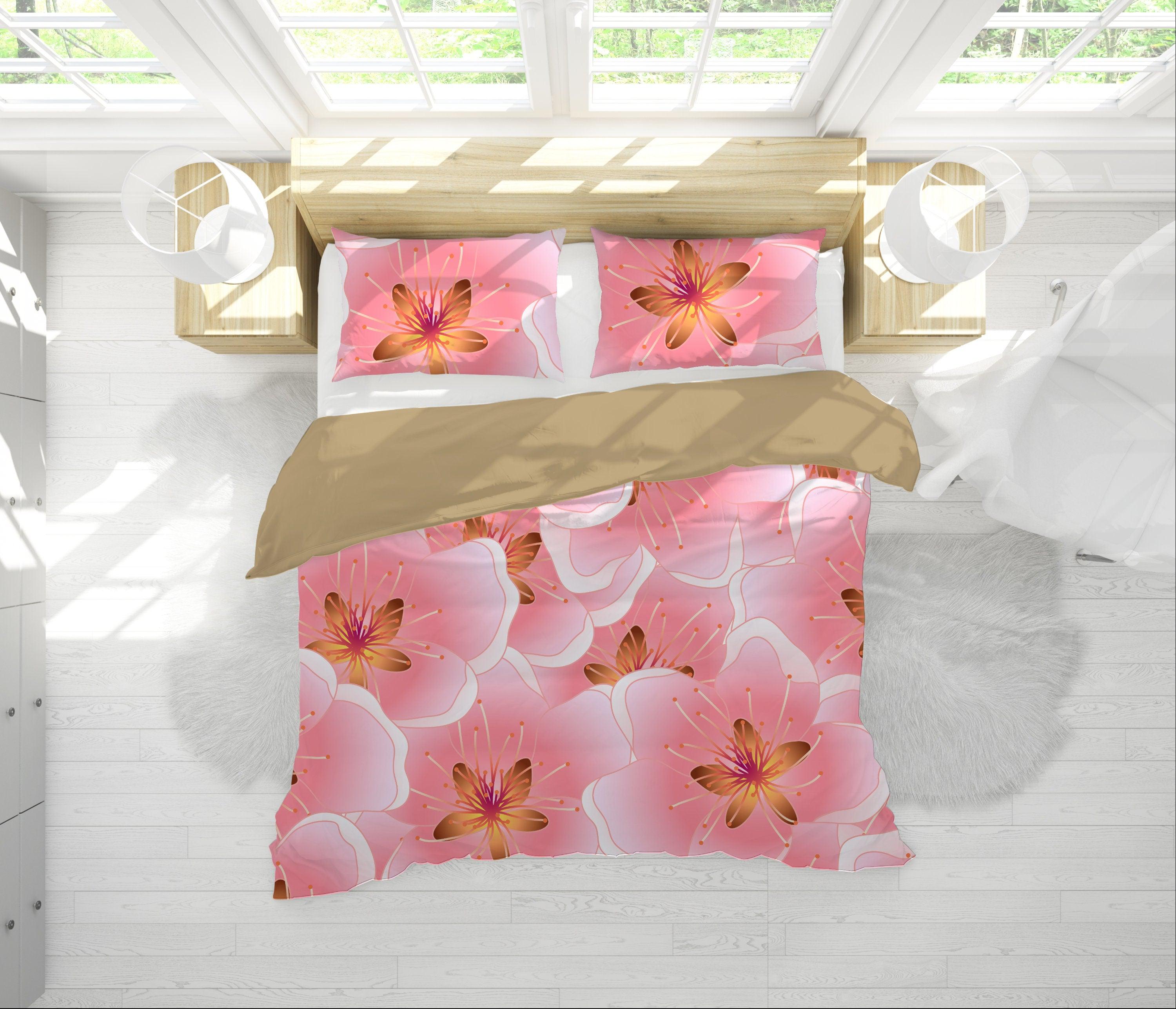 daintyduvet Cherry Blossoms Pink Duvet Cover Set | Floral Bedding Set with Pillow Cover Case
