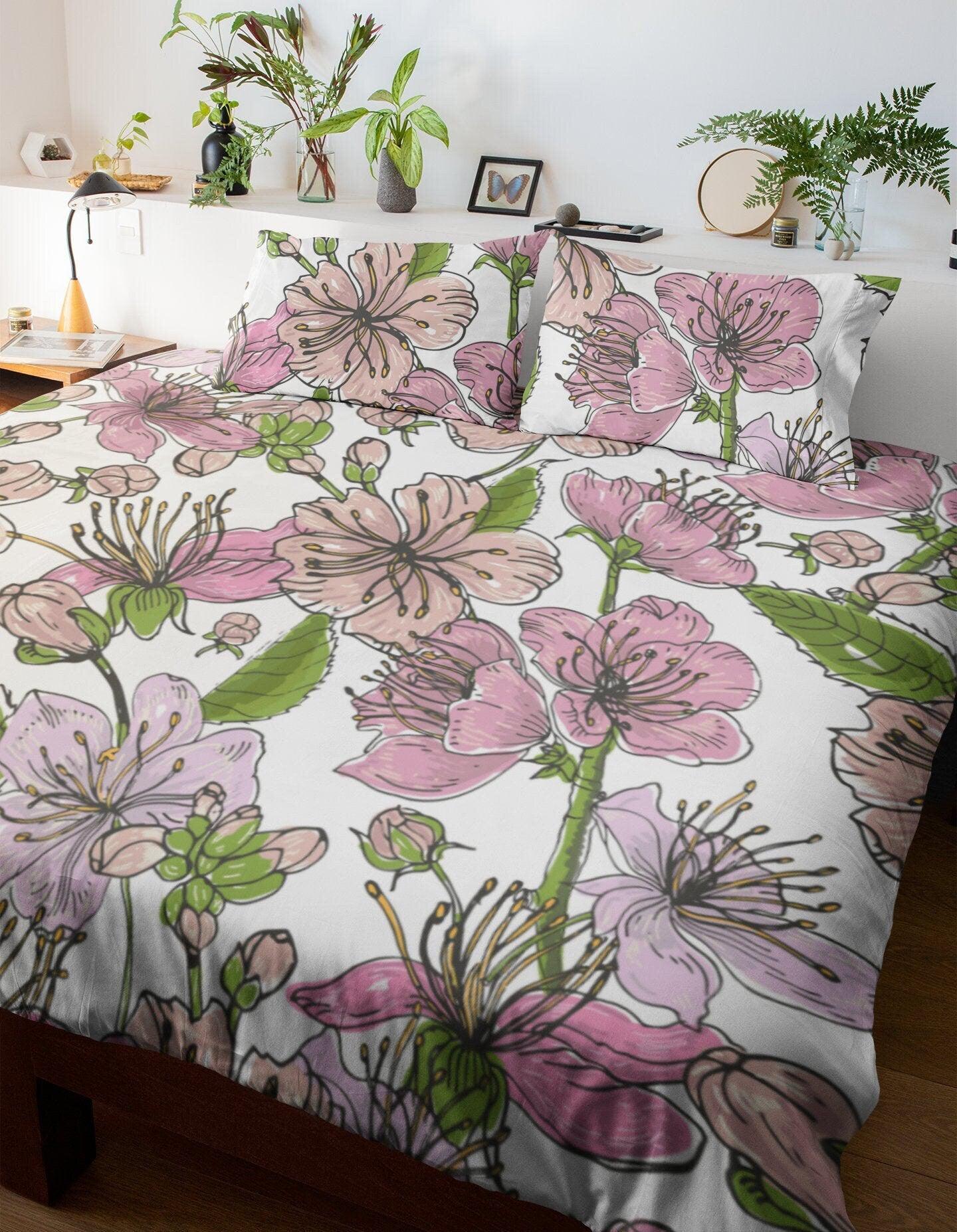 daintyduvet Cherry Blossoms White Duvet Cover Set | Floral Bedding Set with Pillow Cover Case