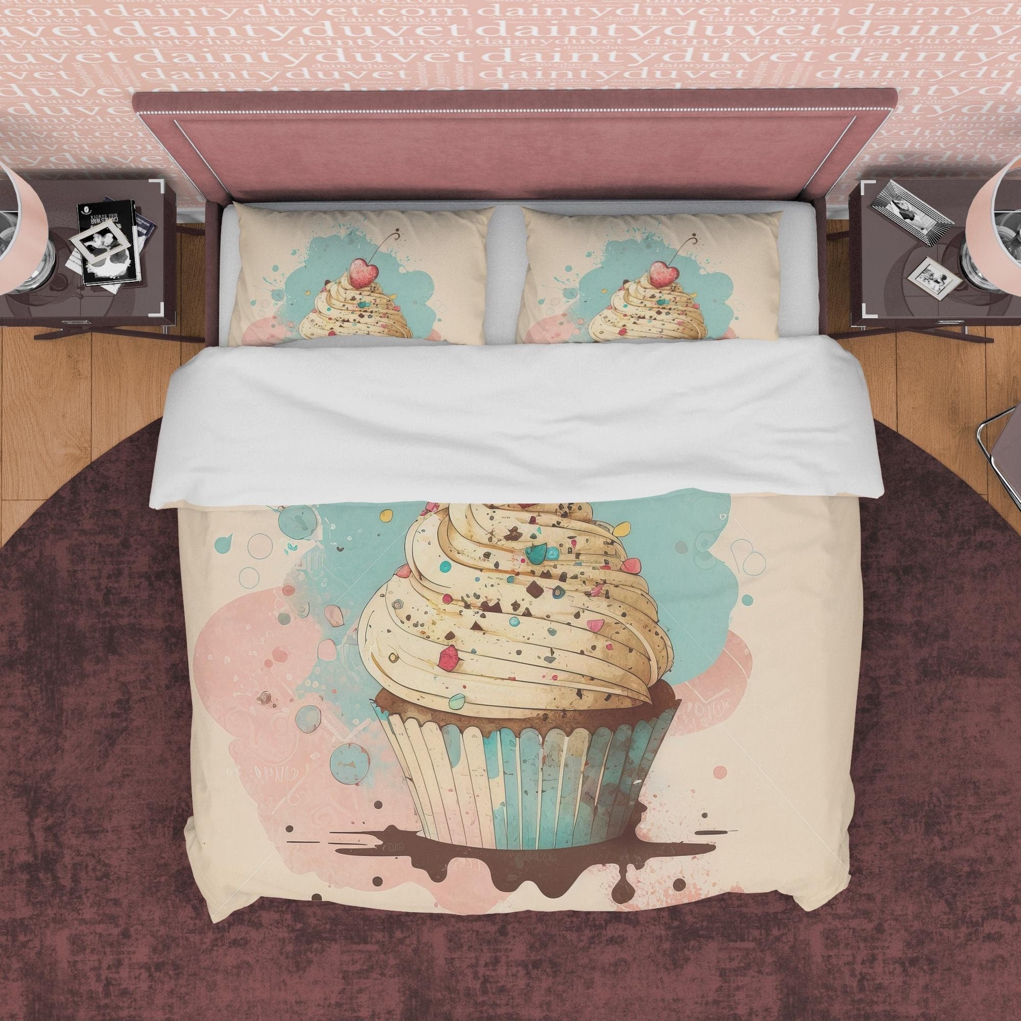 Cherry Cupcake Duvet Cover Boho Bedroom Set, Pastel Color Girly Bedspread, Cute Quilt Cover, Sweet Dorm Bedding, Baby Girl Crib Set