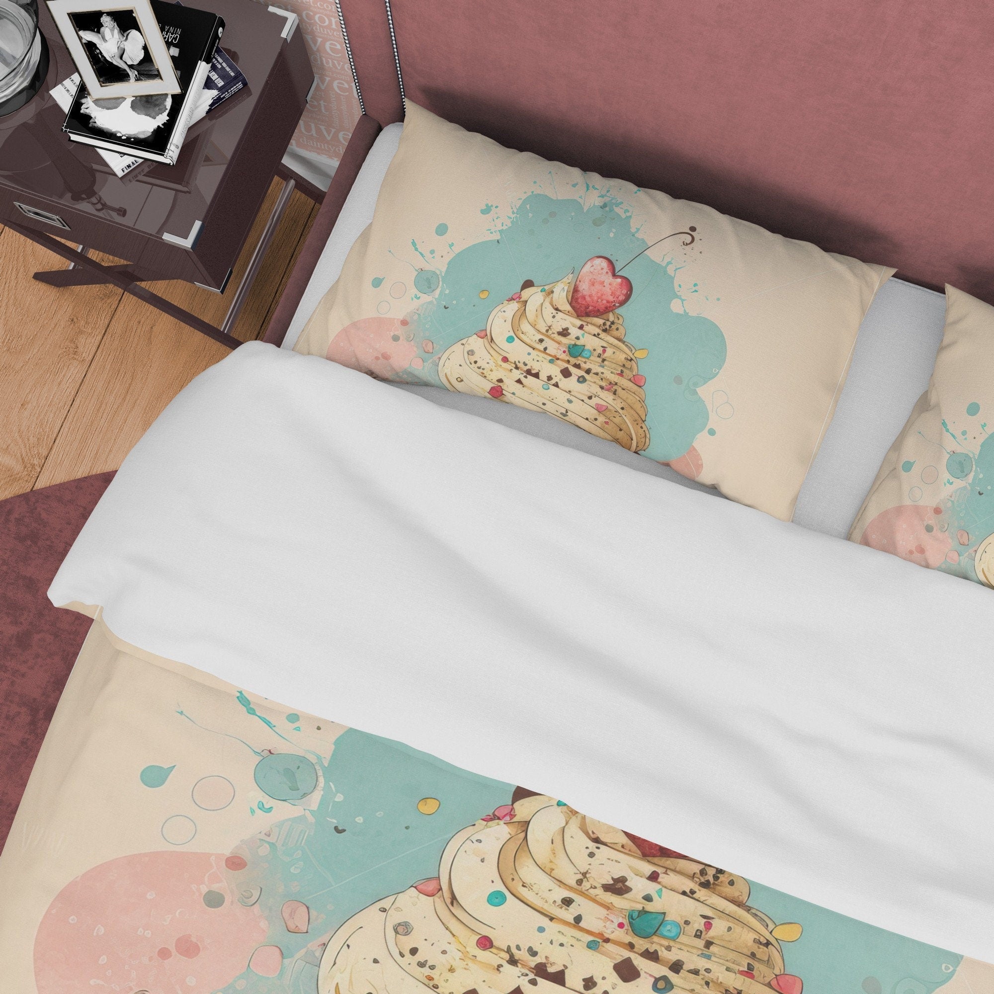 Cherry Cupcake Duvet Cover Boho Bedroom Set, Pastel Color Girly Bedspread, Cute Quilt Cover, Sweet Dorm Bedding, Baby Girl Crib Set