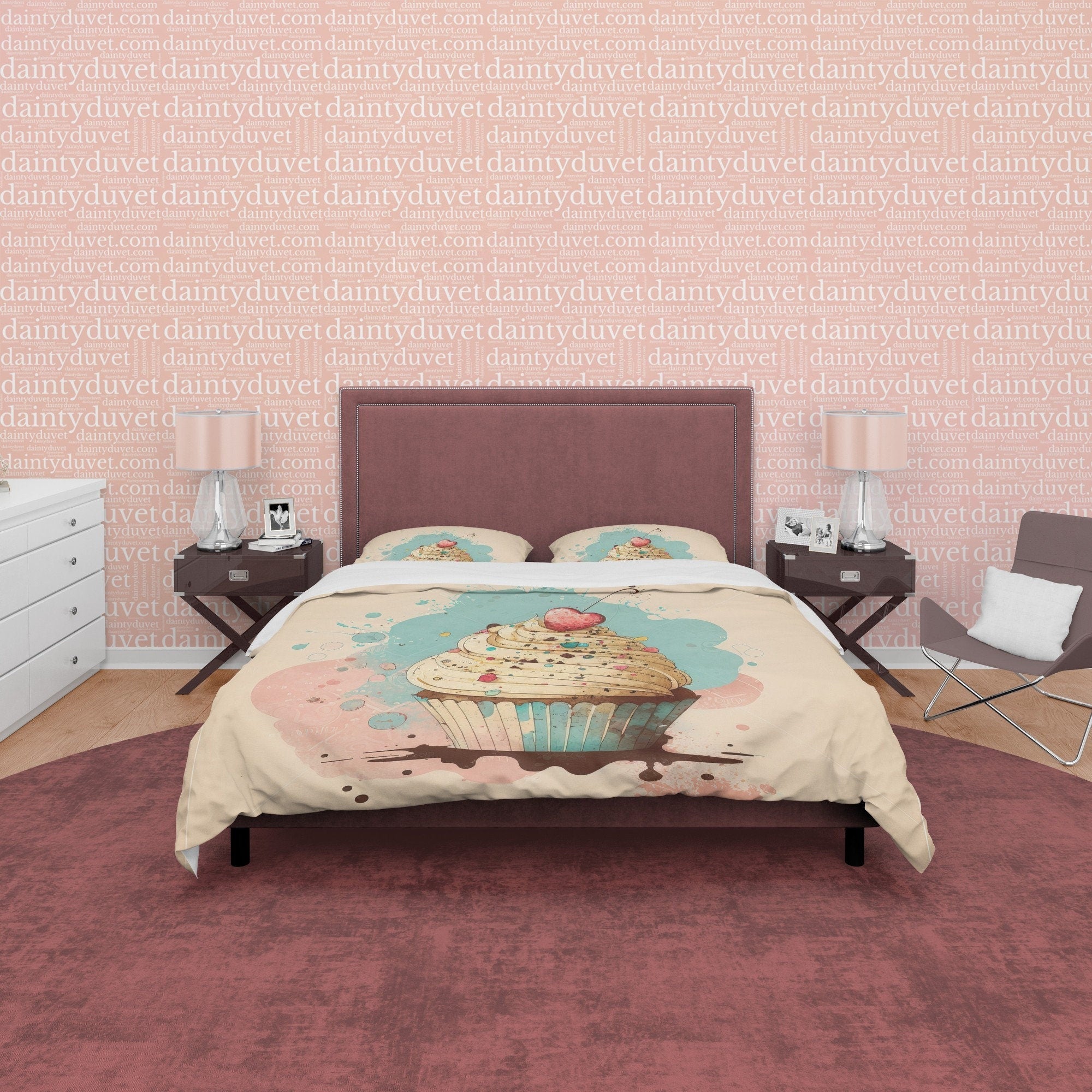 Cherry Cupcake Duvet Cover Boho Bedroom Set, Pastel Color Girly Bedspread, Cute Quilt Cover, Sweet Dorm Bedding, Baby Girl Crib Set