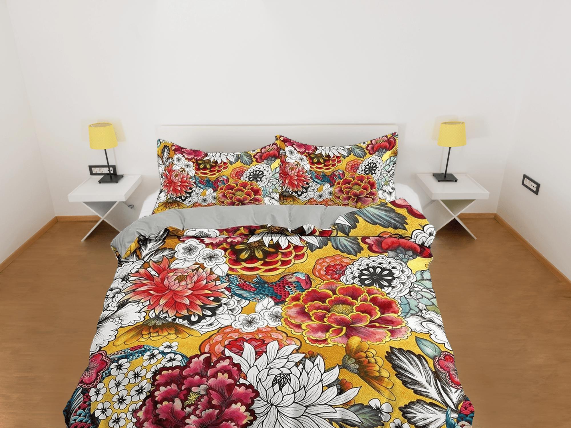 daintyduvet Chrysanthemum and carnation floral duvet cover colorful bedding, teen girl bedroom, baby girl crib bedding boho maximalist aesthetic bedding