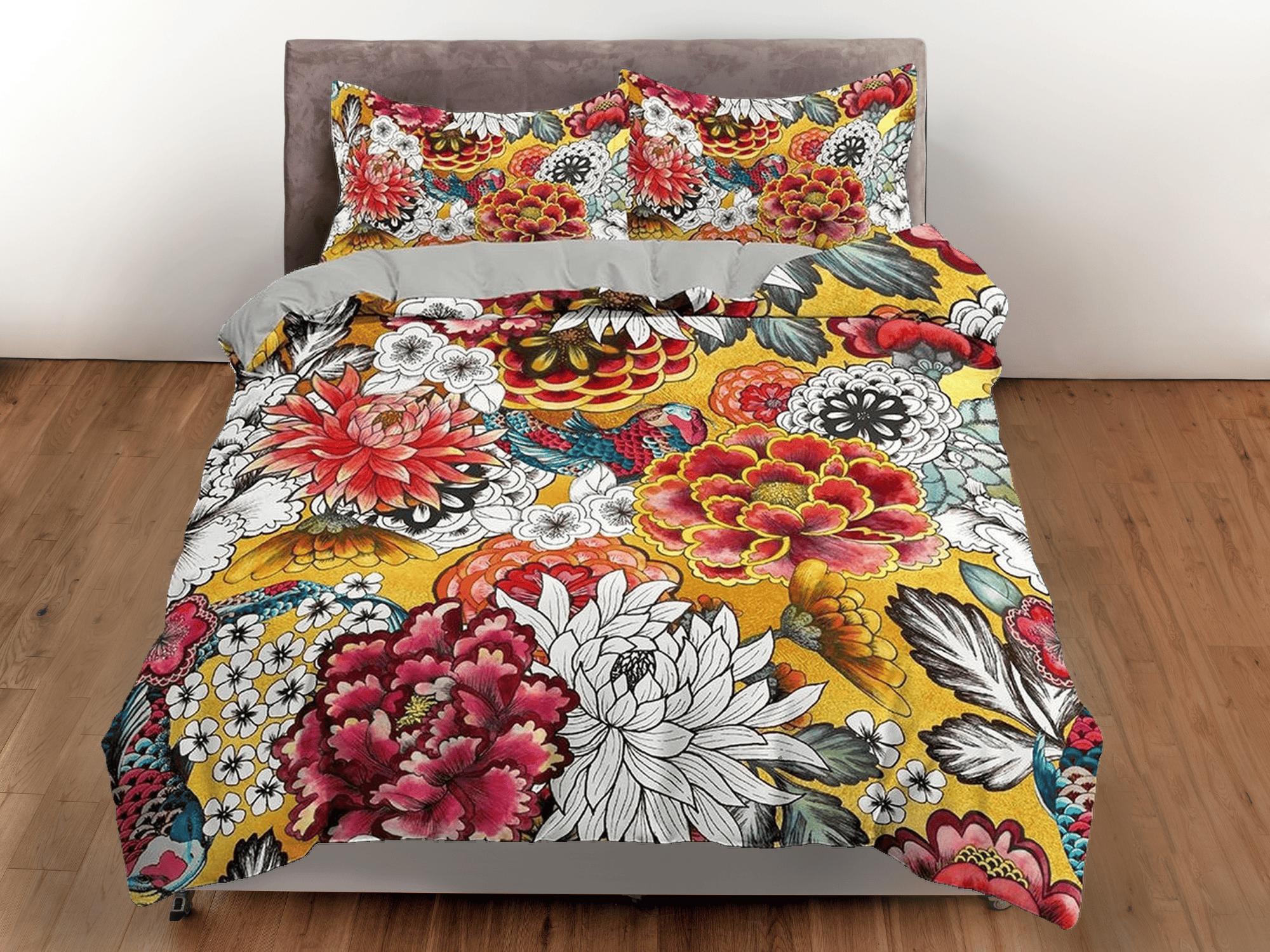 daintyduvet Chrysanthemum and carnation floral duvet cover colorful bedding, teen girl bedroom, baby girl crib bedding boho maximalist aesthetic bedding