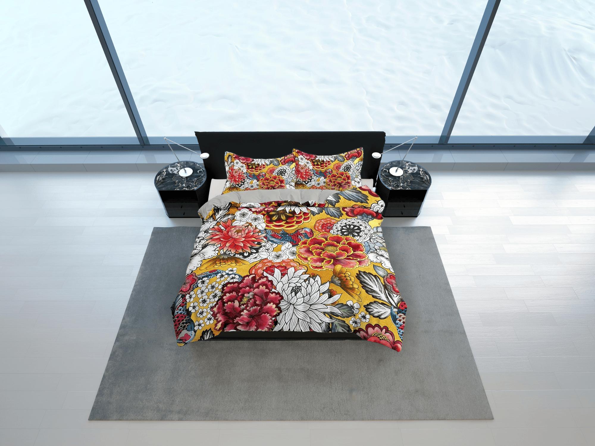 daintyduvet Chrysanthemum and carnation floral duvet cover colorful bedding, teen girl bedroom, baby girl crib bedding boho maximalist aesthetic bedding