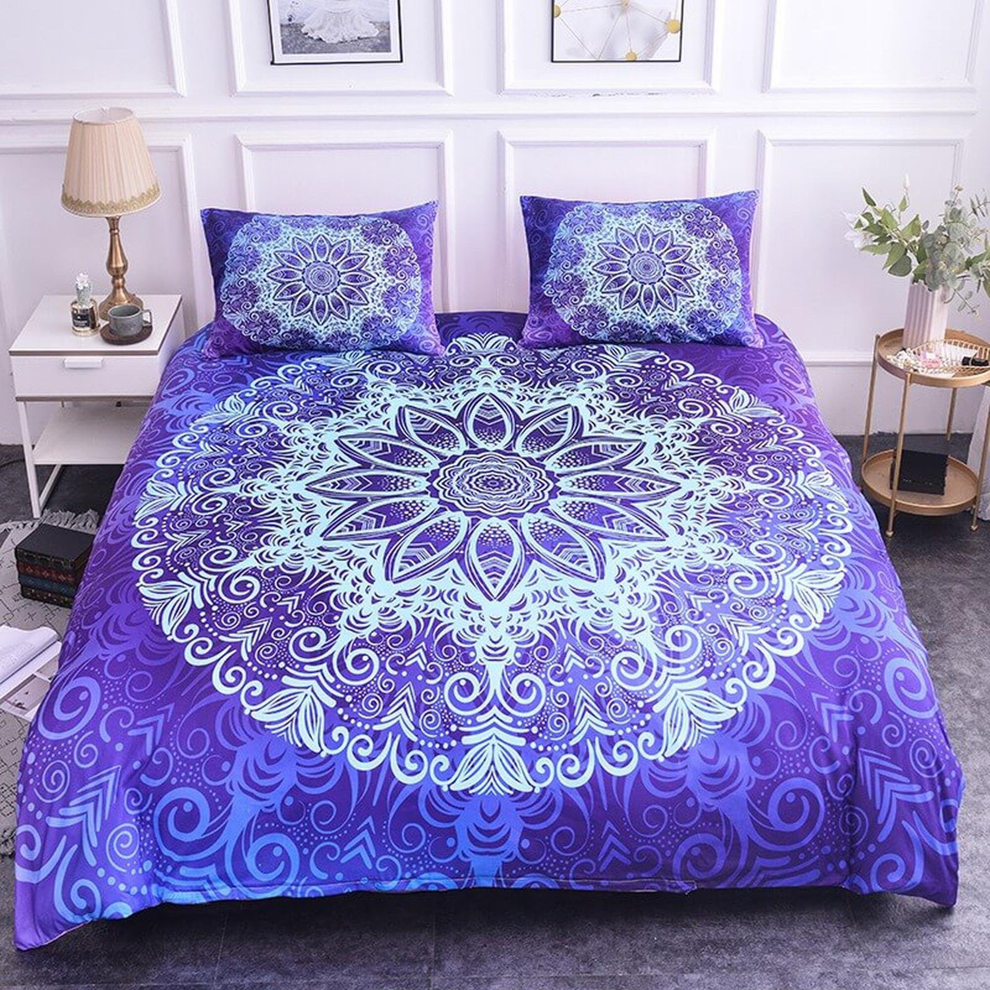 daintyduvet Circular mandala purple duvet cover boho bedding set full, queen, king, dorm bedding, aesthetic room decor indian bedspread maximalist decor