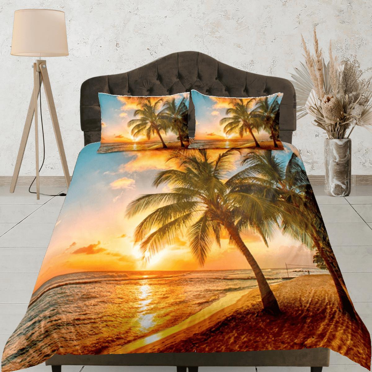 daintyduvet Coconut Tree Ocean Duvet Cover Set, Beach Sunset Dorm Bedding Set, Single Bedding, Tropical Decor