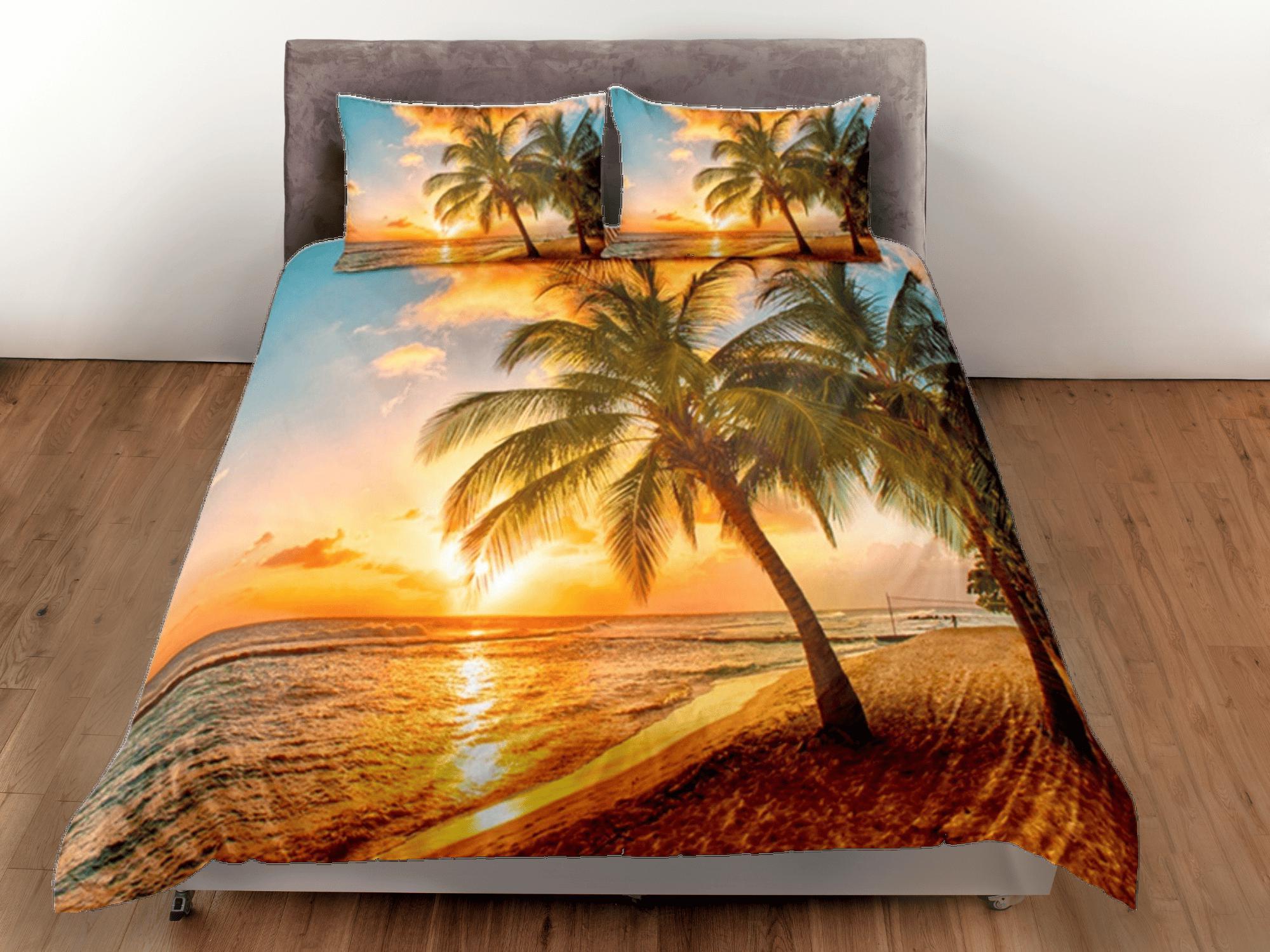 daintyduvet Coconut Tree Ocean Duvet Cover Set, Beach Sunset Dorm Bedding Set, Single Bedding, Tropical Decor