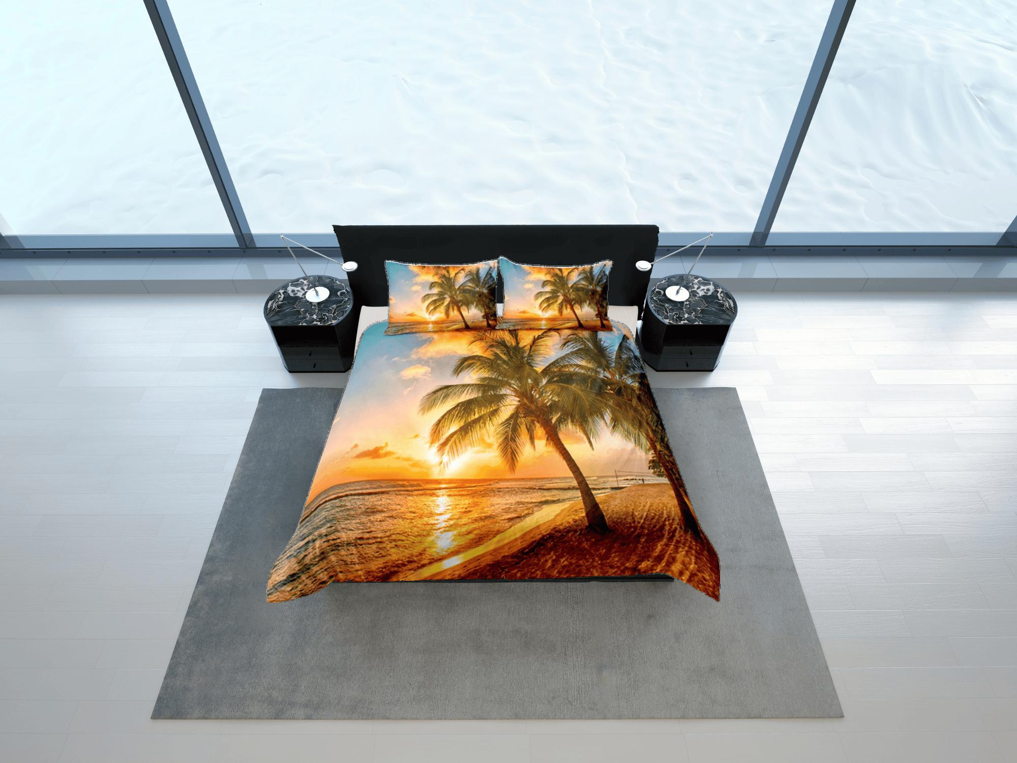 daintyduvet Coconut Tree Ocean Duvet Cover Set, Beach Sunset Dorm Bedding Set, Single Bedding, Tropical Decor