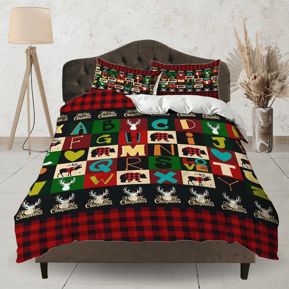 daintyduvet Colorful alphabet red plaid duvet cover set christmas full size bedding & pillowcase, college bedding, crib toddler bedding, holiday gift