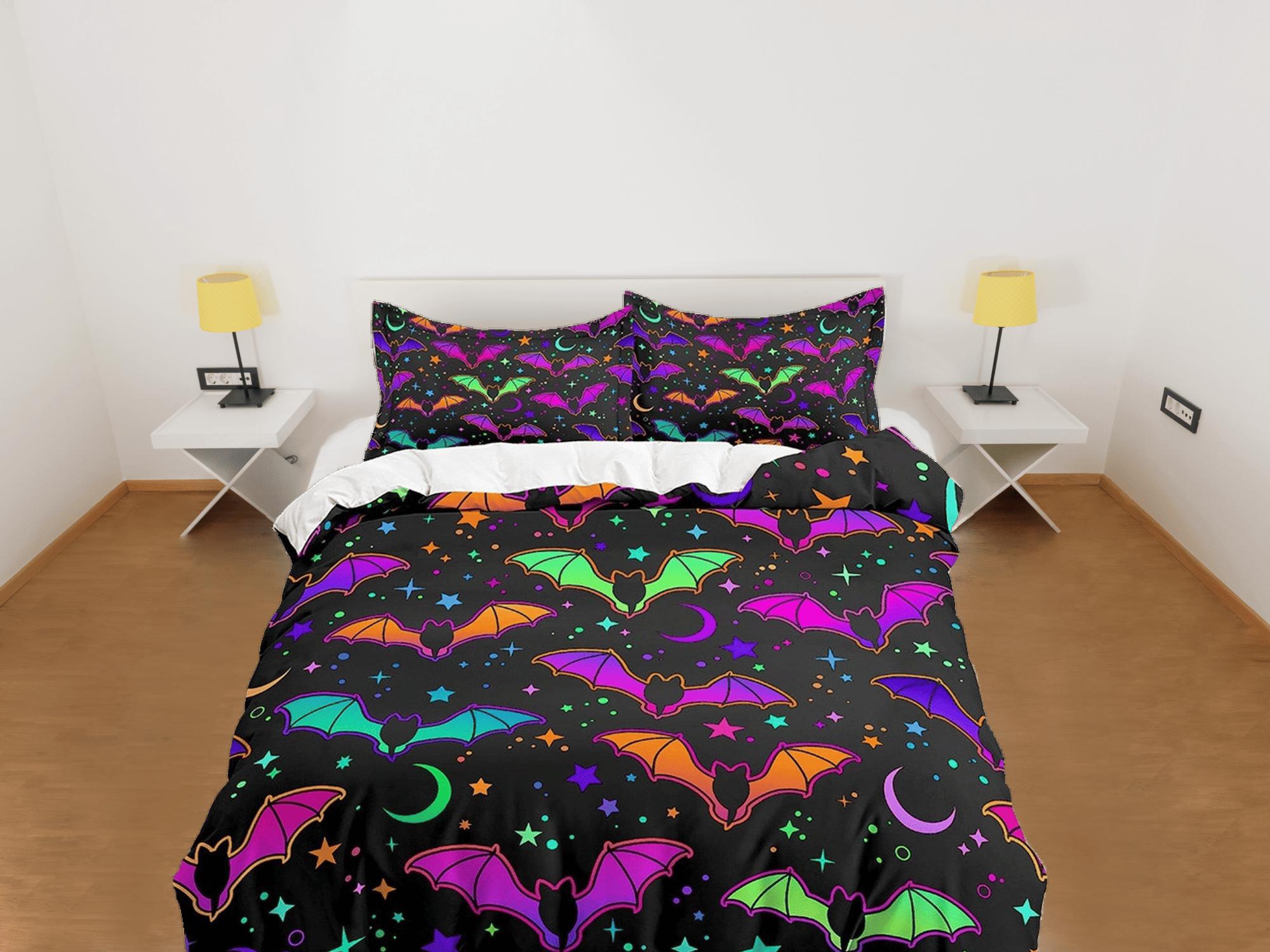 daintyduvet Colorful bats halloween bedding & pillowcase, gothic duvet cover, dorm bedding, halloween goth decor toddler bedding, halloween gift