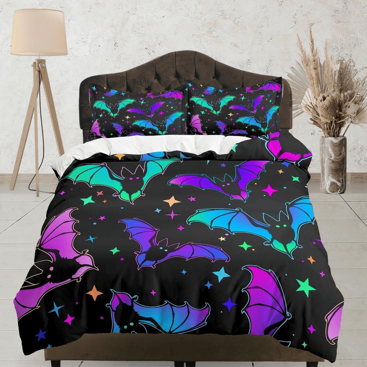 daintyduvet Colorful bats retro halloween bedding & pillowcase, gothic duvet cover, dorm bedding, goth decor toddler bedding, halloween gift