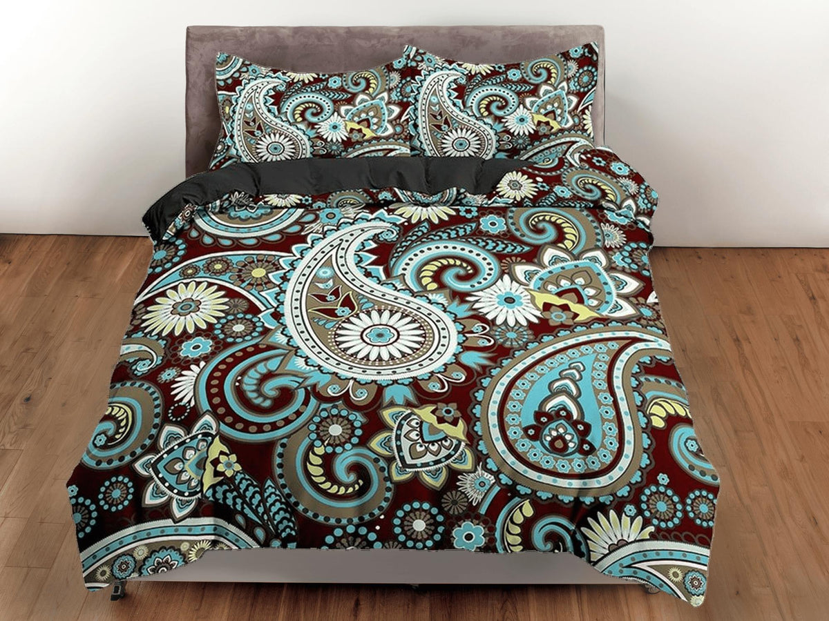 daintyduvet Colorful blue green paisley brown duvet cover set, aesthetic room decor bedding set full, king, queen size, abstract boho bedspread luxury