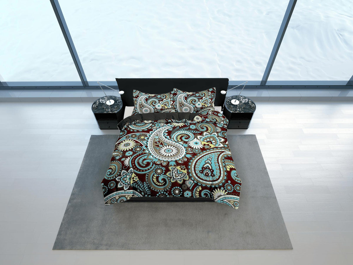 daintyduvet Colorful blue green paisley brown duvet cover set, aesthetic room decor bedding set full, king, queen size, abstract boho bedspread luxury